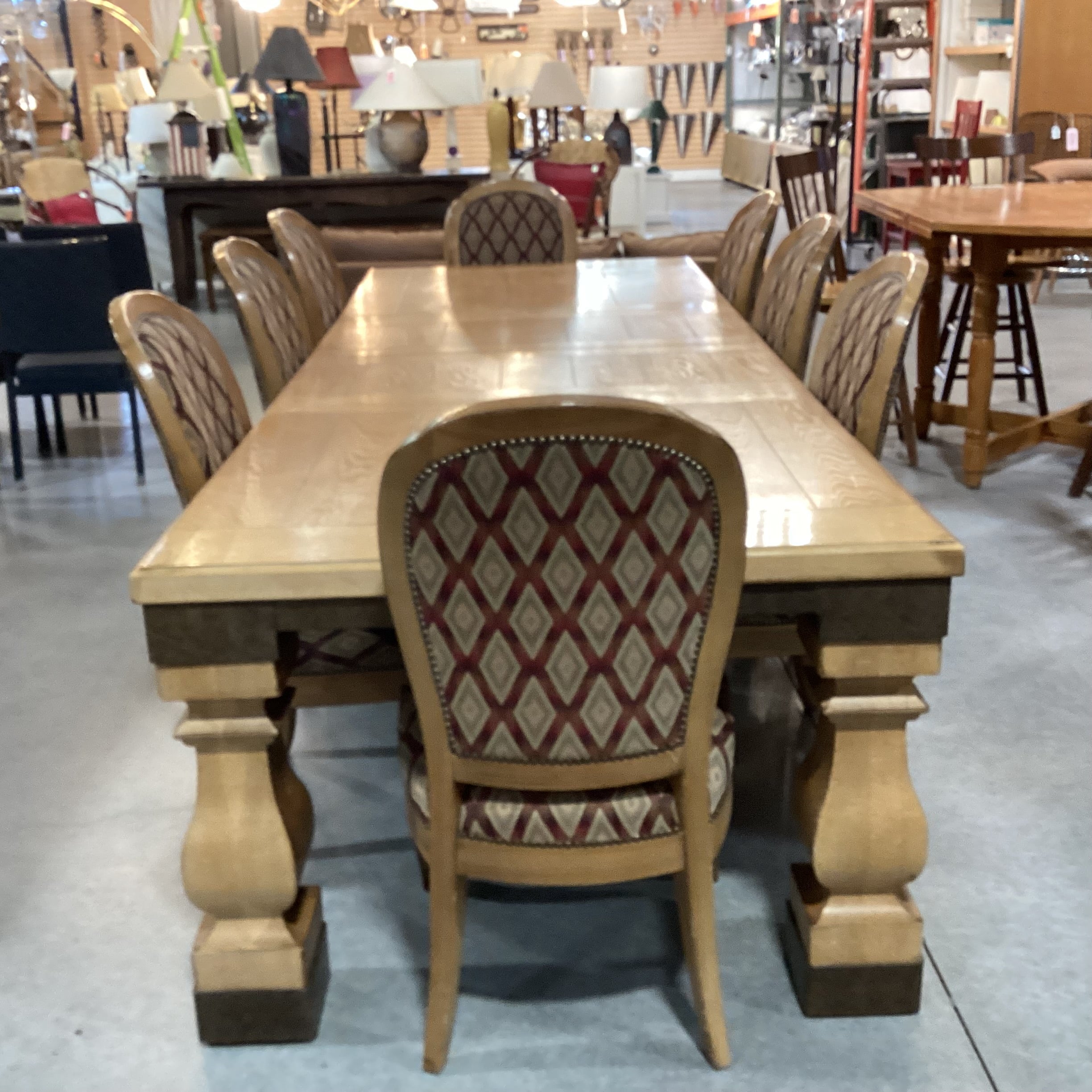Light Finish Wood & Metal Edge Detail 2 Leaves Table with 8 Diamond Upholstered Chairs Dining Set 78" to 118"x 44"x 30.5"