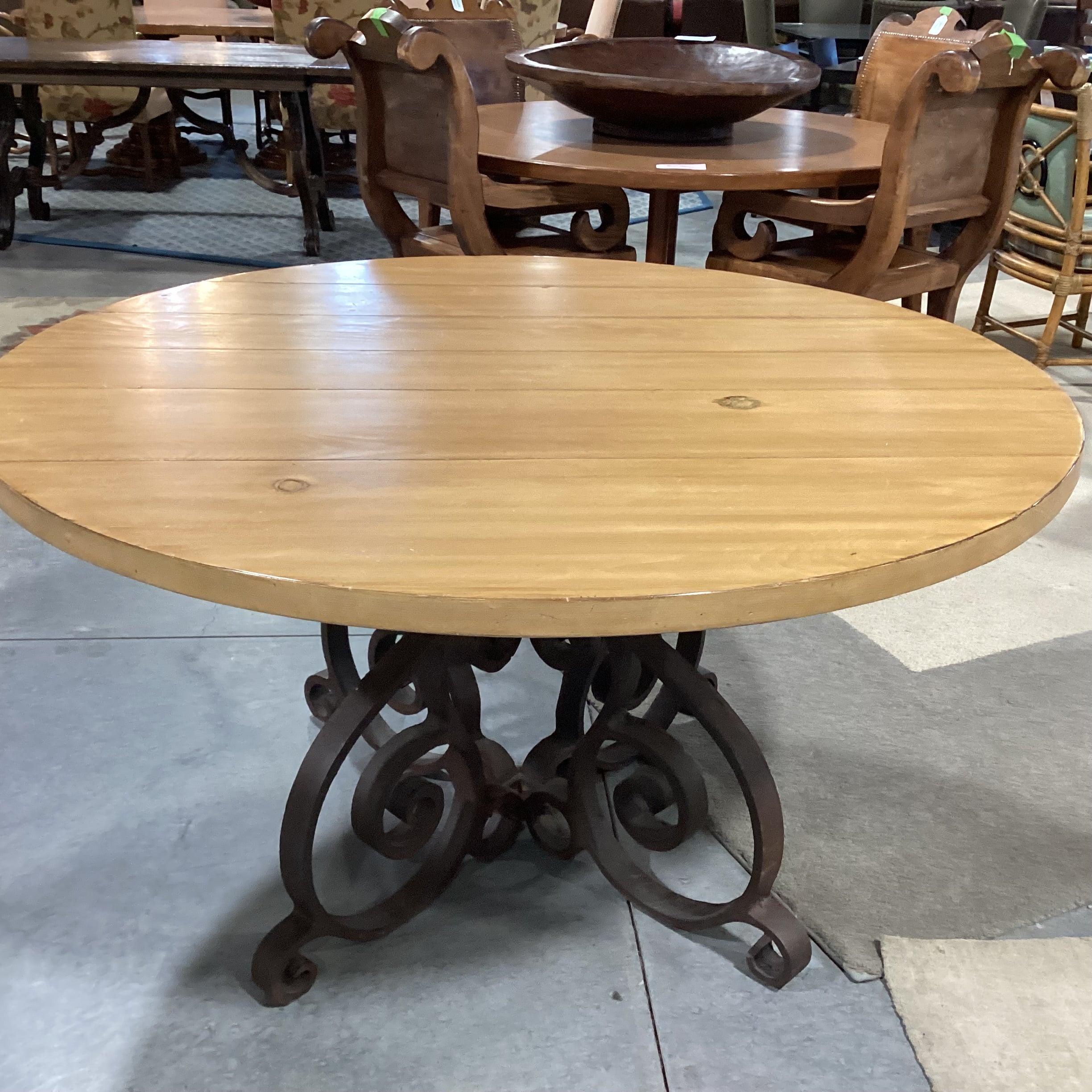 Round Pine Plank & Heavy Ornate Iron Dining Table 54" Diameter x 29.5"