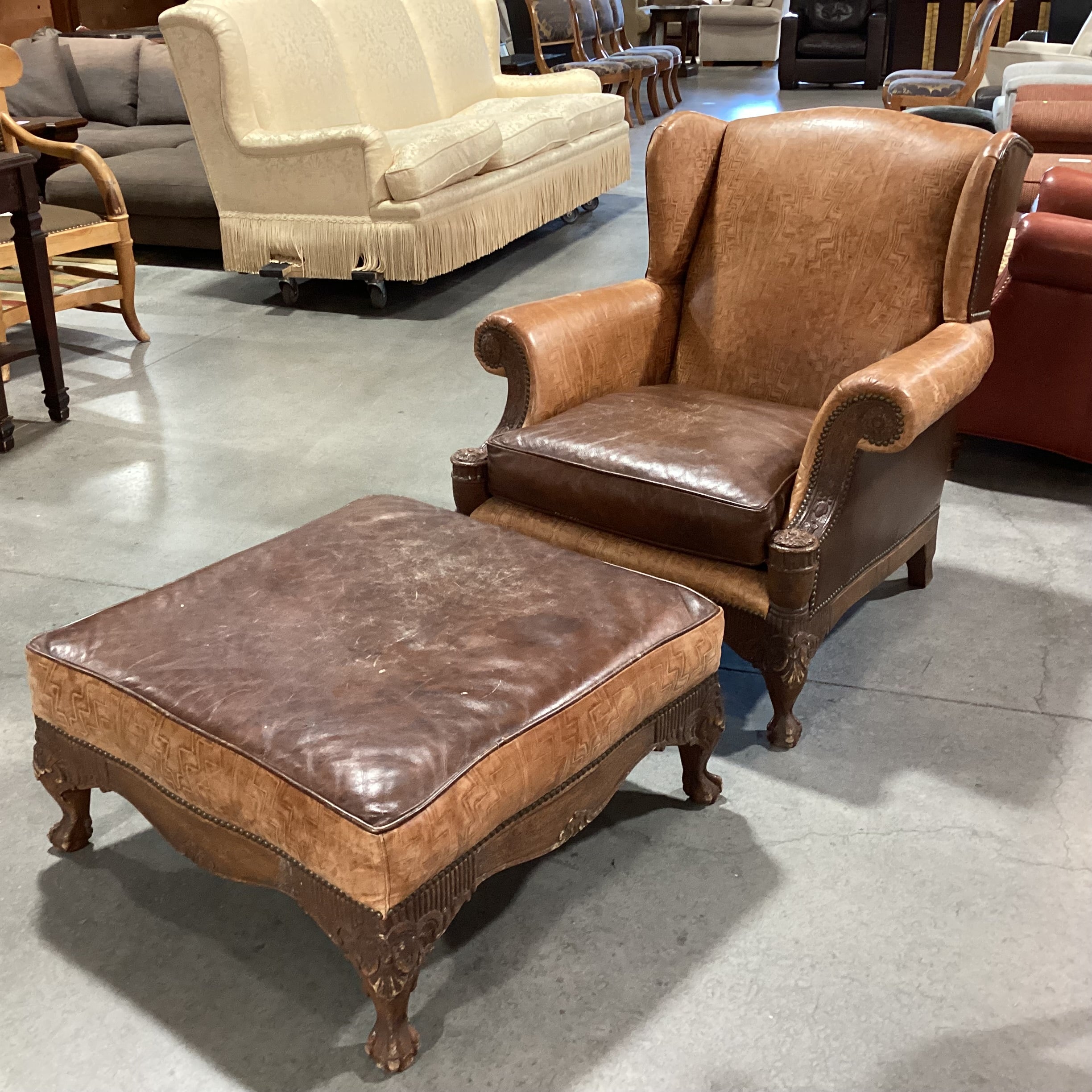 Old Hickory Tannery 2 Tone & Embossed Leather Nailhead Ornate Carved Wood with Ottoman Chair 38"x 36"x 37.5"