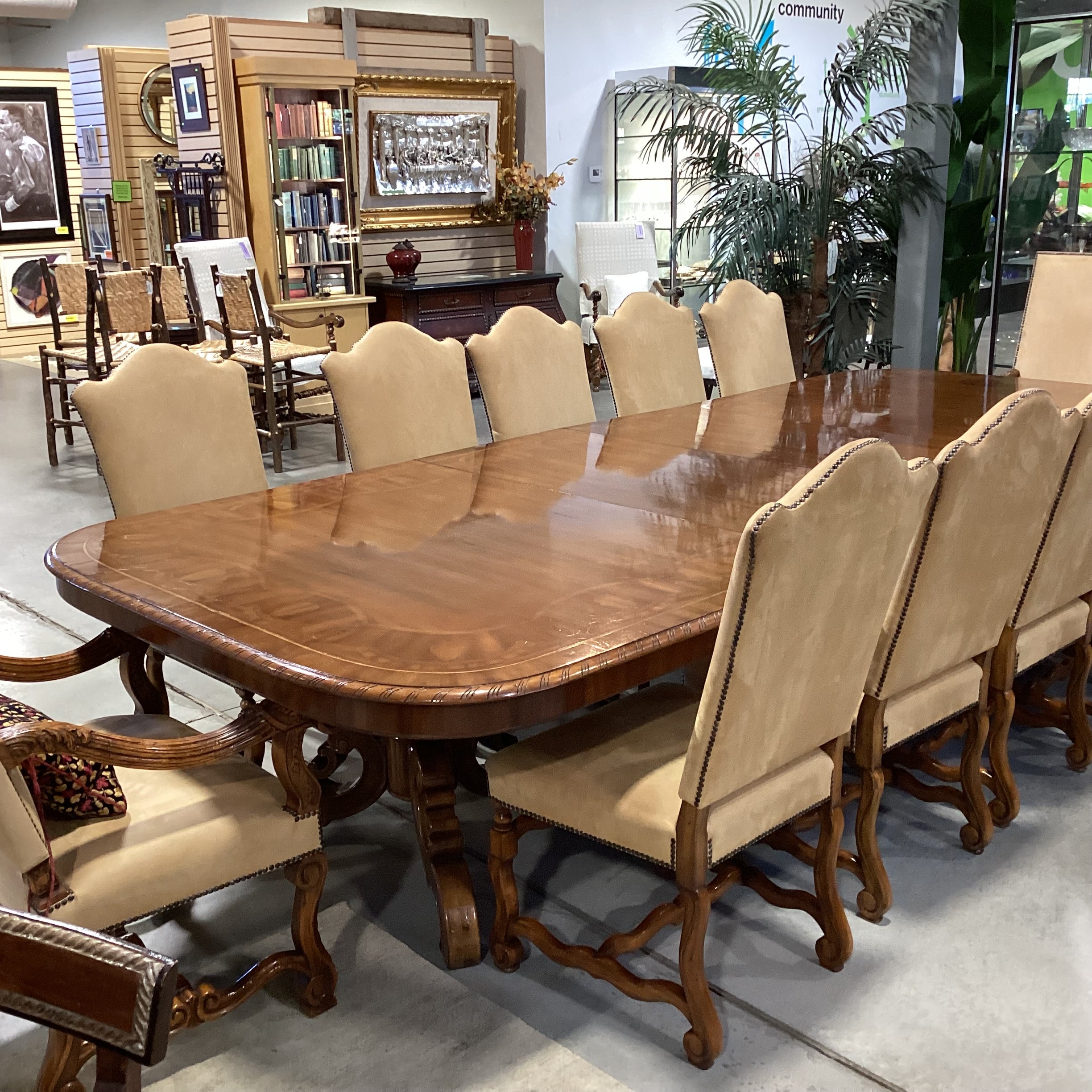 Alfonso Marina Ebanista Ornate Carved & Inlay 2 Leaves Double Pedestal Table with 12 Chairs Dining Set 142"x 60.5"x 30"