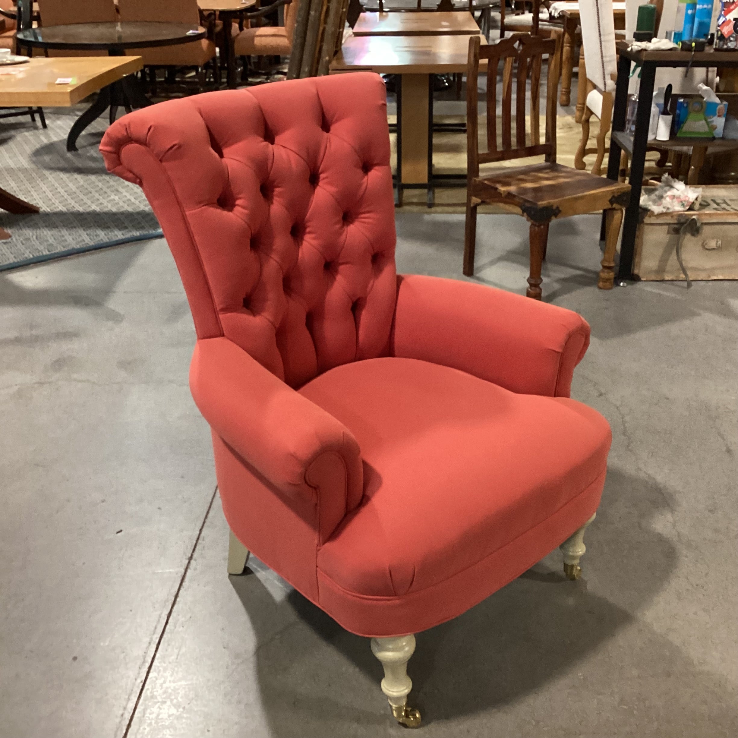 Red Orange Tufted Roll Back & Arms Front Casters Chair 34"x 38"x 44"