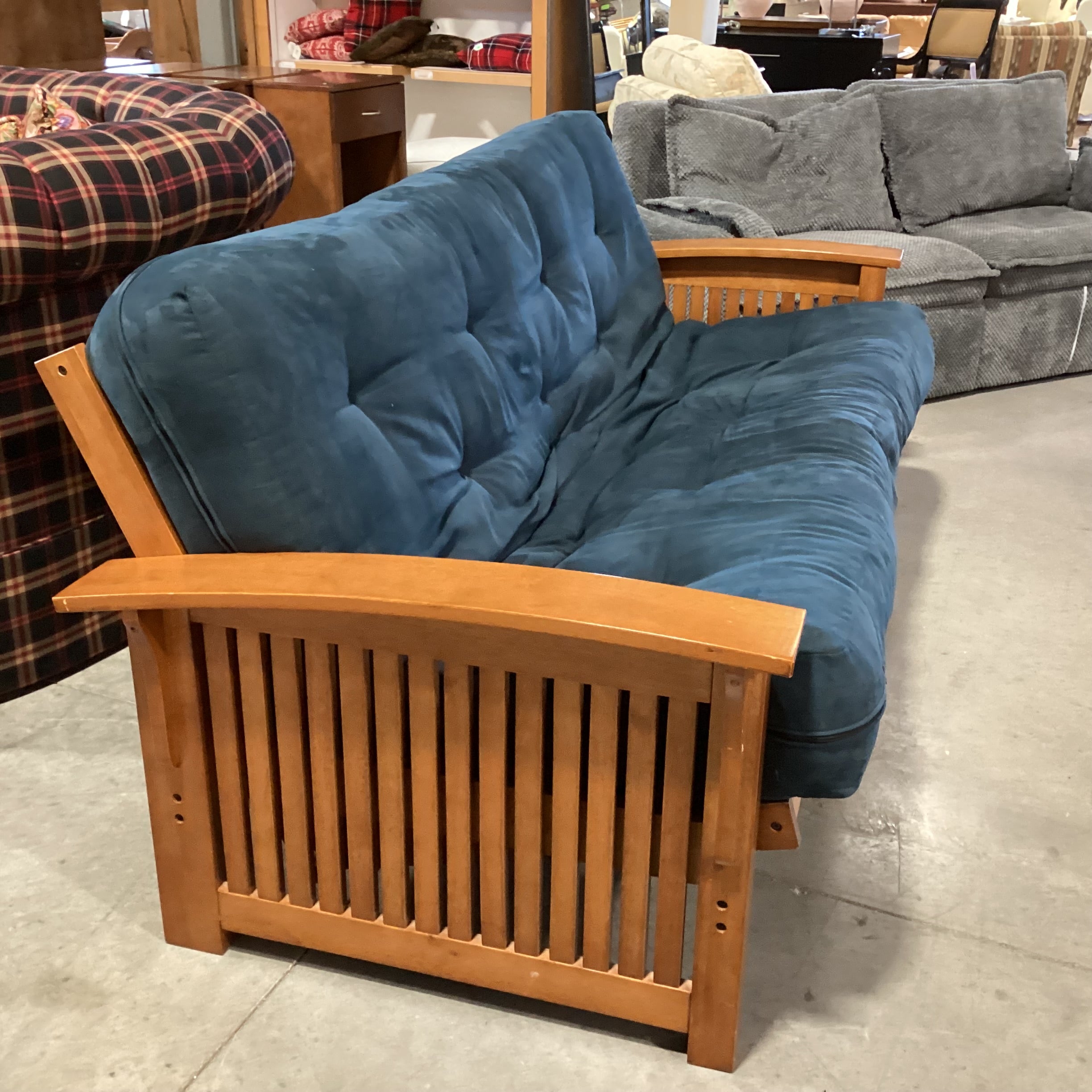 Wood Frame & Blue Micro Suede Cushion Futon Sofa 83"x 41" to 55"x 35"