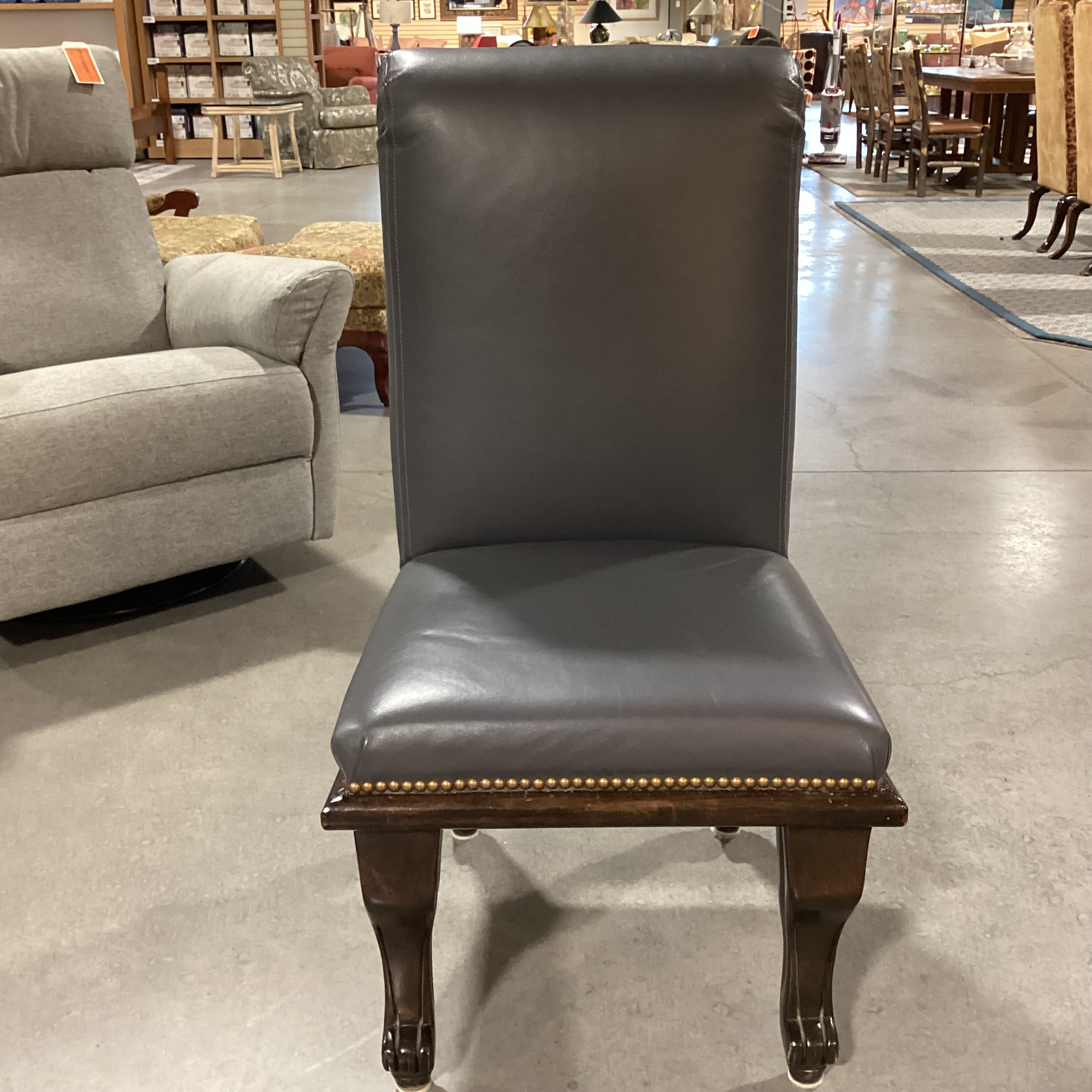 Grey Leather Nailhead & Dark Finished Wood Chair 22"x 26"x 41"