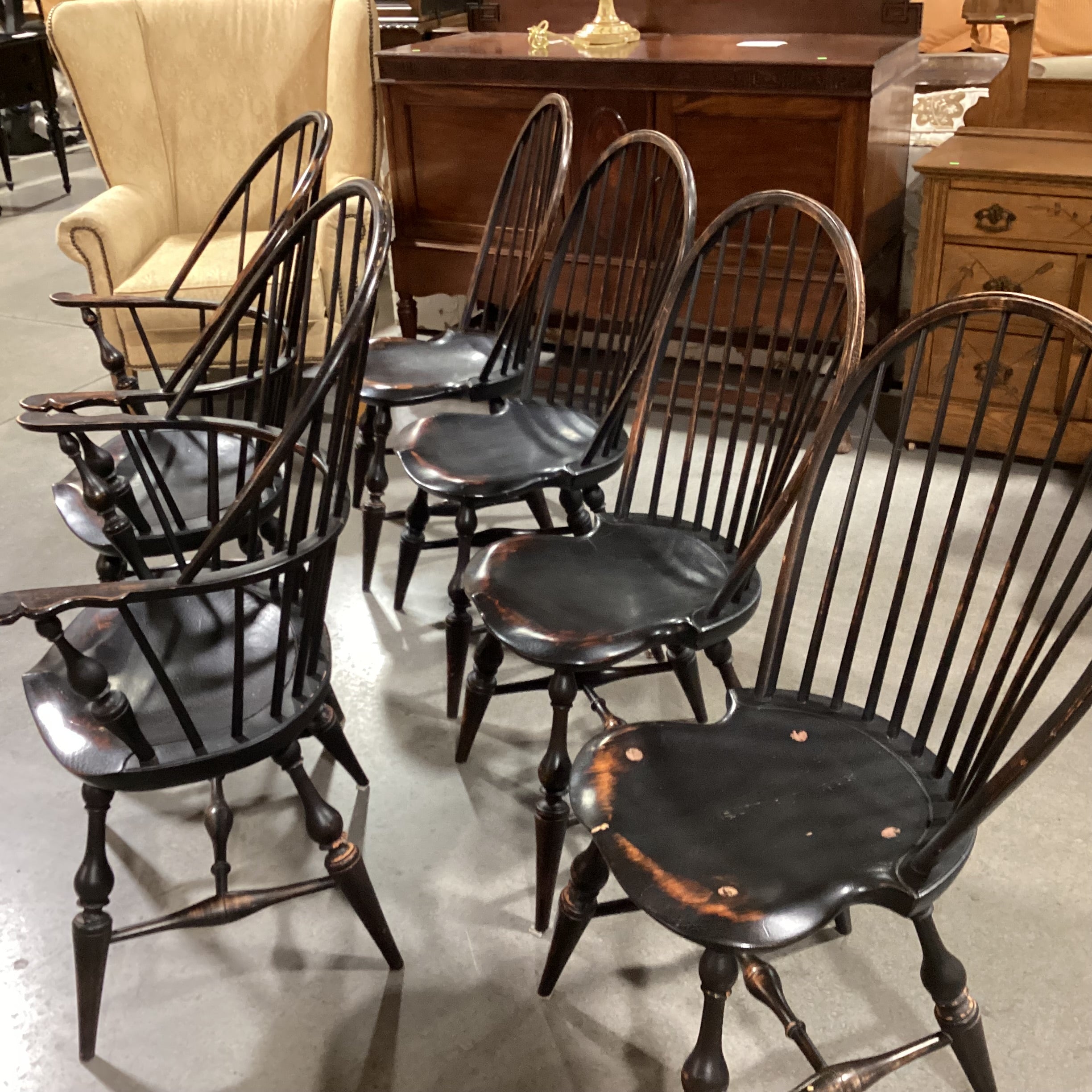SET of 6 D. R. Dimes Vintage Black Antiqued Crackle Finish Windsor Style Dining Chairs 26"x 22"x 42"