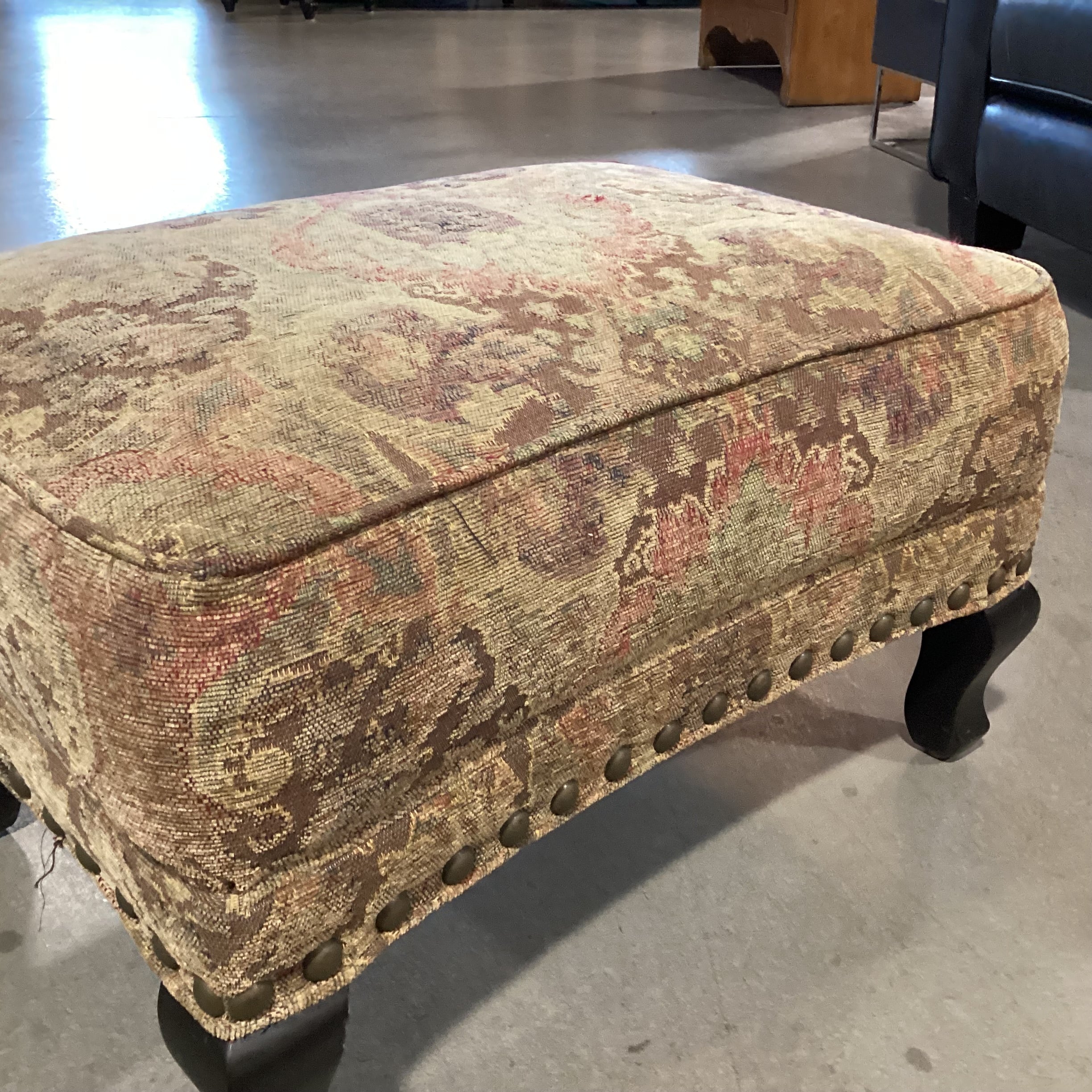 Arhaus Brown & Sage Chenille Woven with Nailhead Ottoman 28"x 20"x 15"