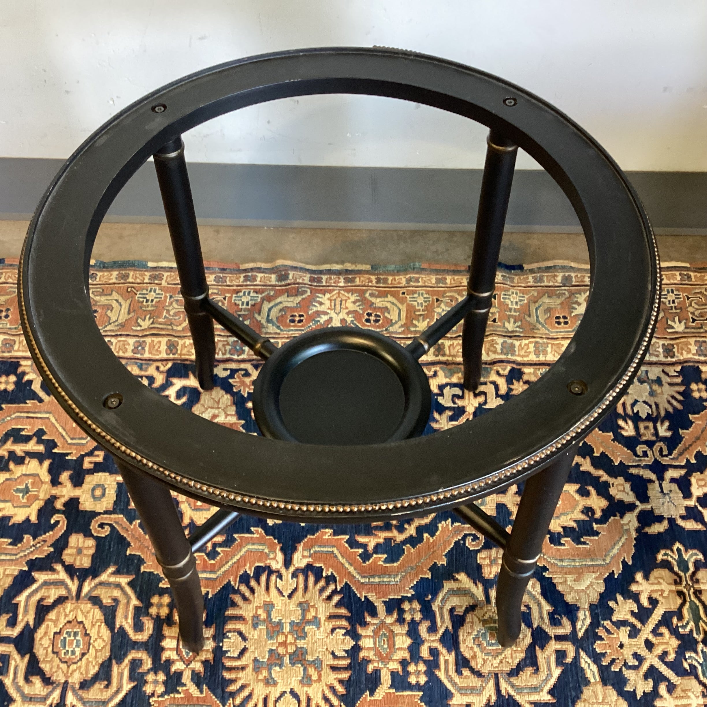 Black Distressed Wood with Ornate Trestle & Metal Beading Detail Round Tray Top Accent Table 26" Diameter x 26.5"