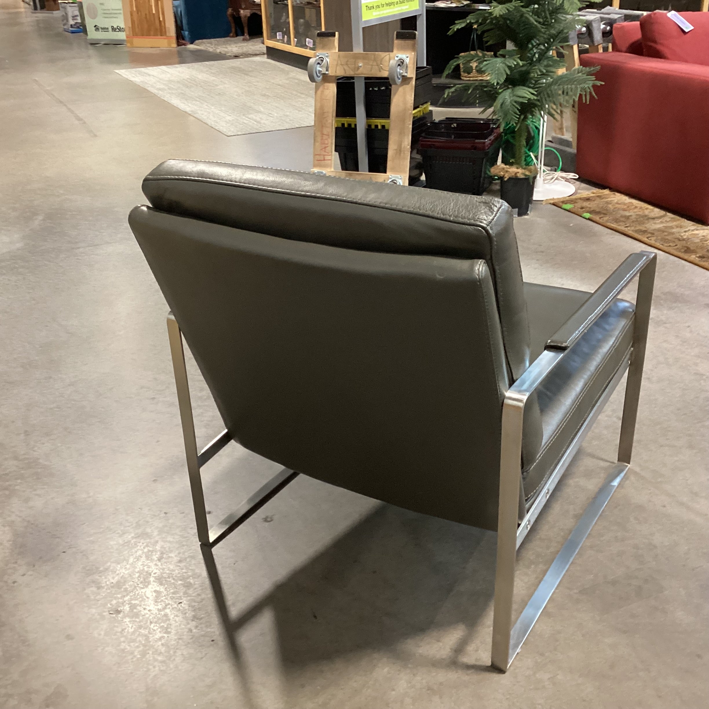 Violino Furniture Olive Grey Leather & Chrome Stainless Mid Century Modern Style Lounge Chair 28"x 32"x 32"