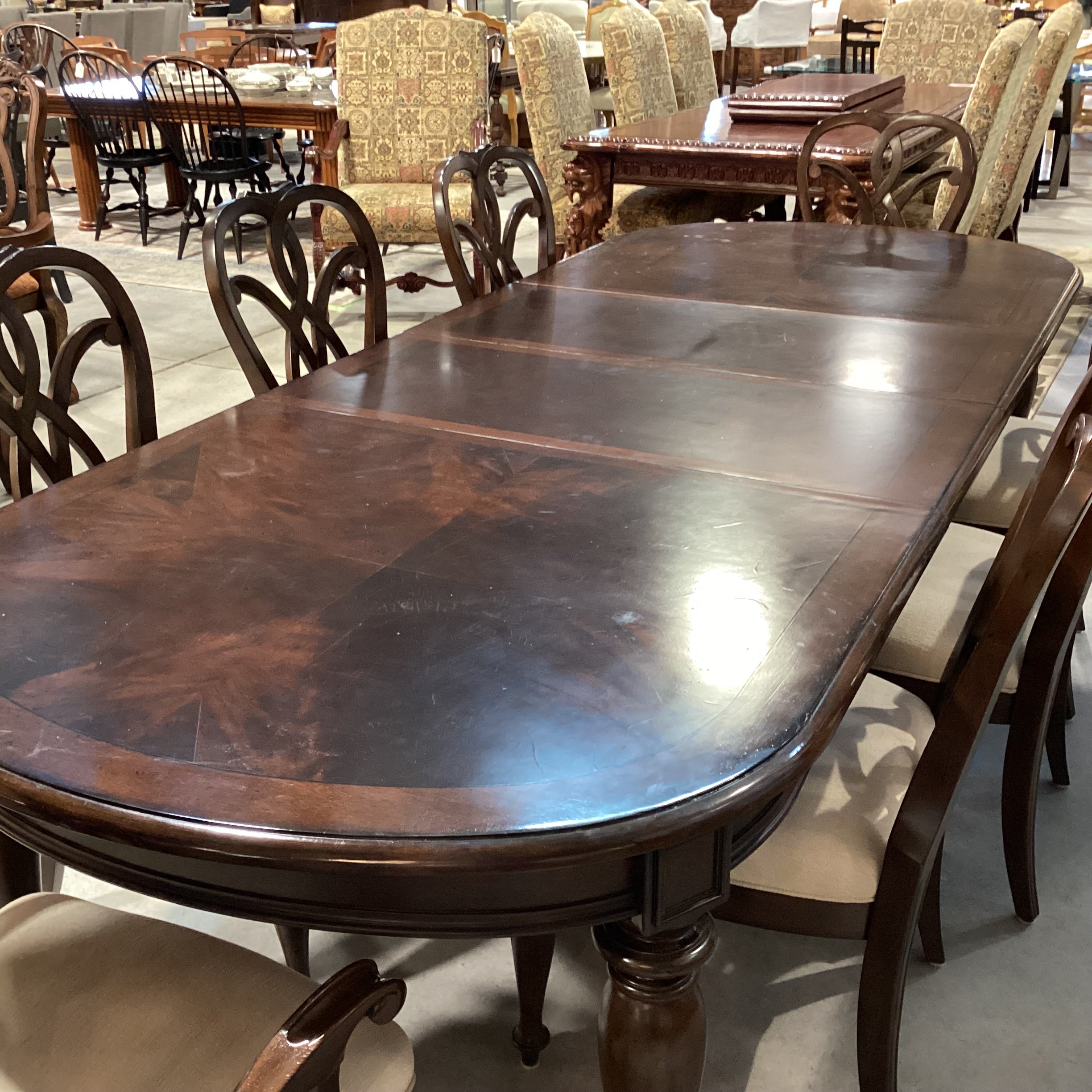 Hooker Furniture Dark Finish Wood & Veneer 2 Leaf Table with 8 Chairs Dining Set 112"x 44"x 30.5"