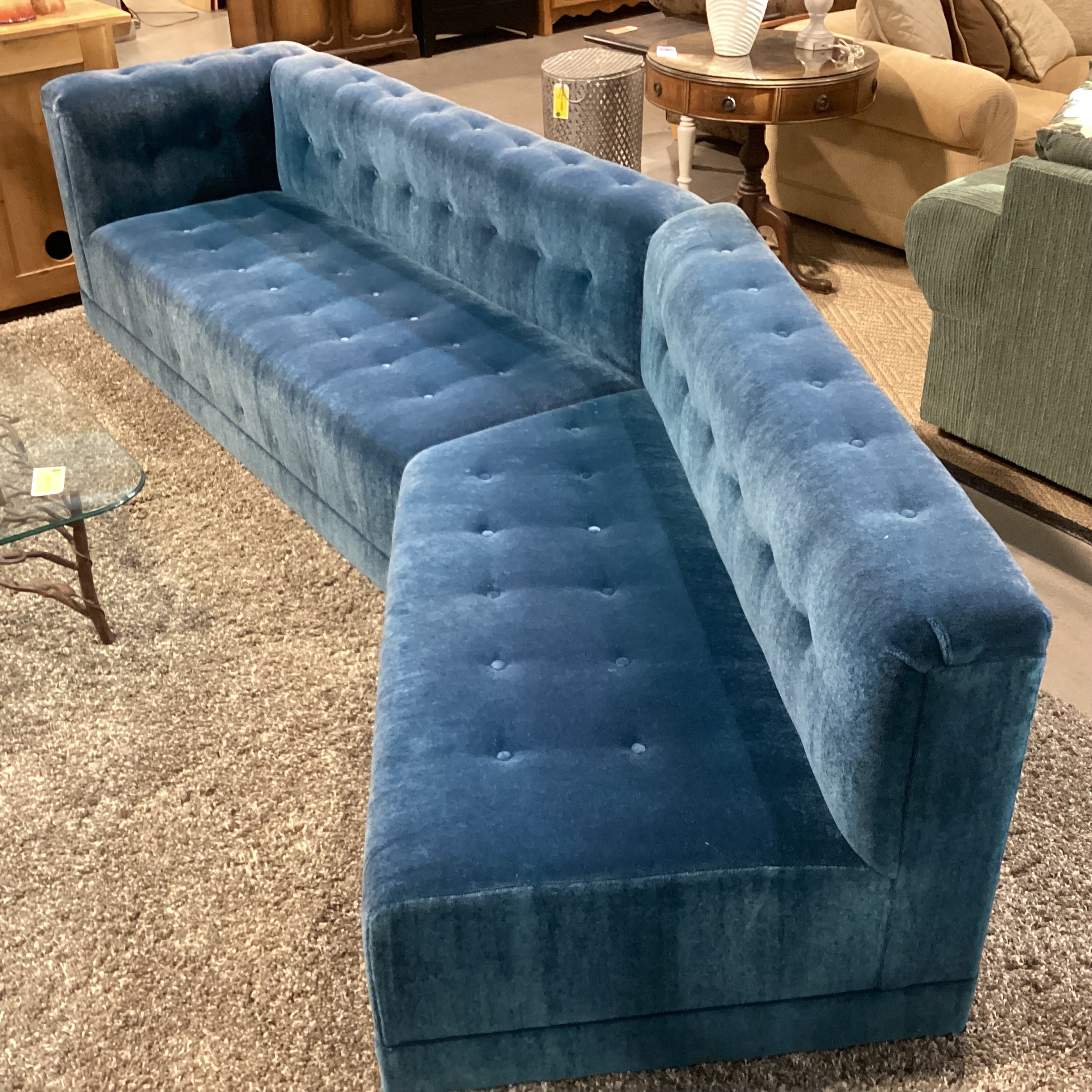 Custom Blue Teal Mohair with Button Tufting 2 Piece Angled Sectional 142"x 35"x 32"