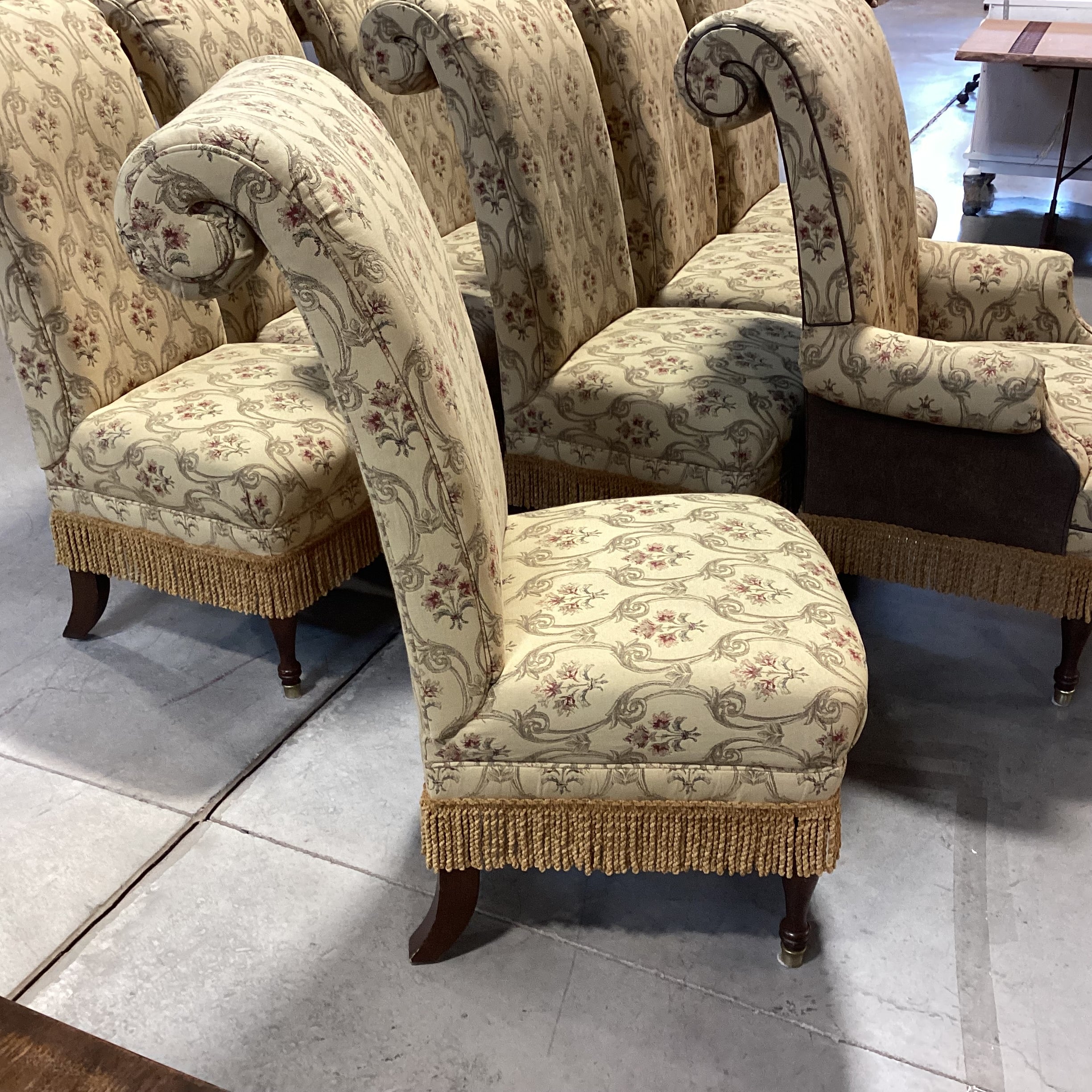 SET of 10 Custom Gold with Ornate Red Floral Leather & Fringe Roll Arm Back Dining Chairs 23"x 30"x 46"