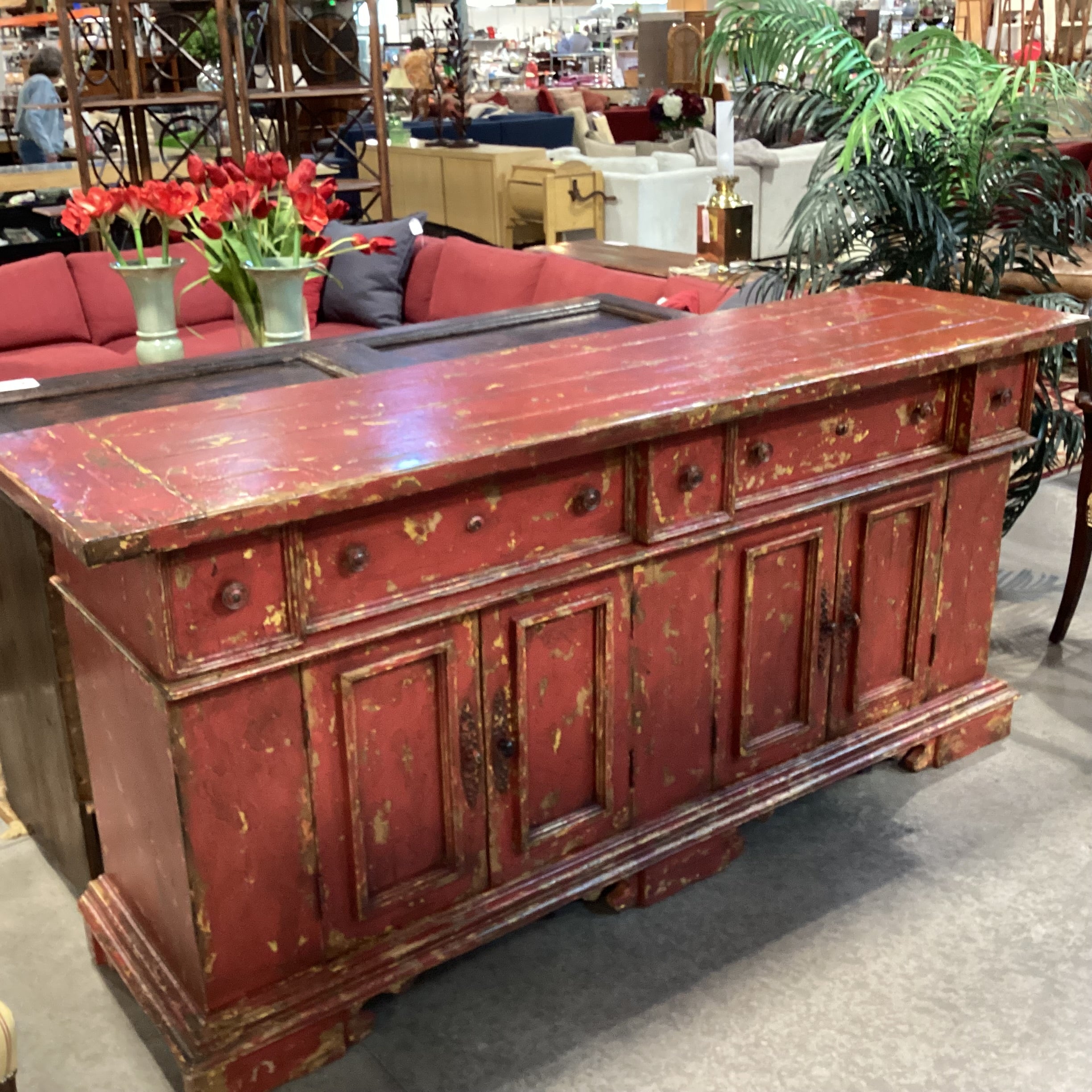 Red & Gold Textured Antiqued Finish Solid Wood 5 Drawer 4 Door Credenza 83"x 22"x 39"