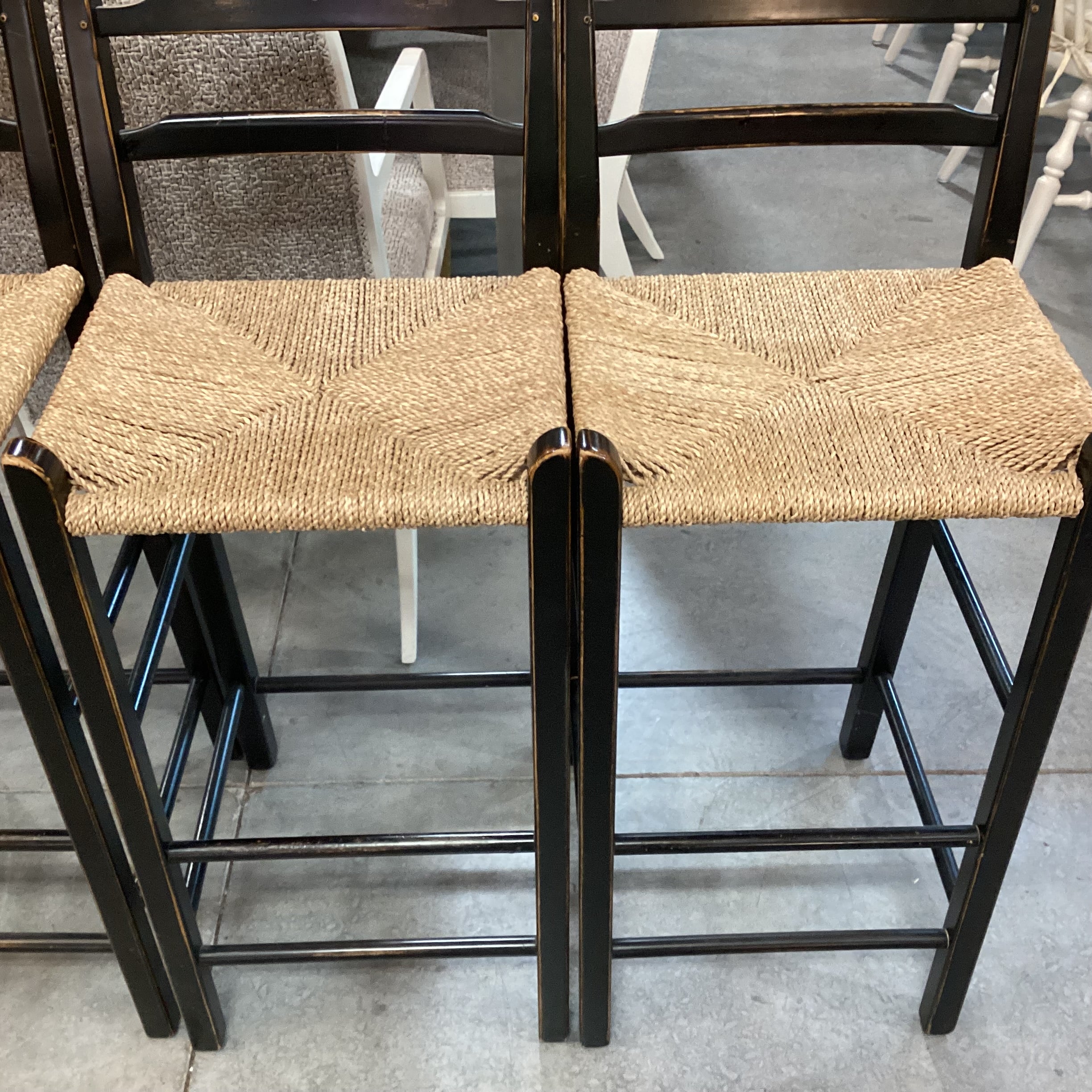 SET of 4 Wolf Diamond Point in Black Hand Sanded Maple Woven Seagrass Seat Barstools 30"