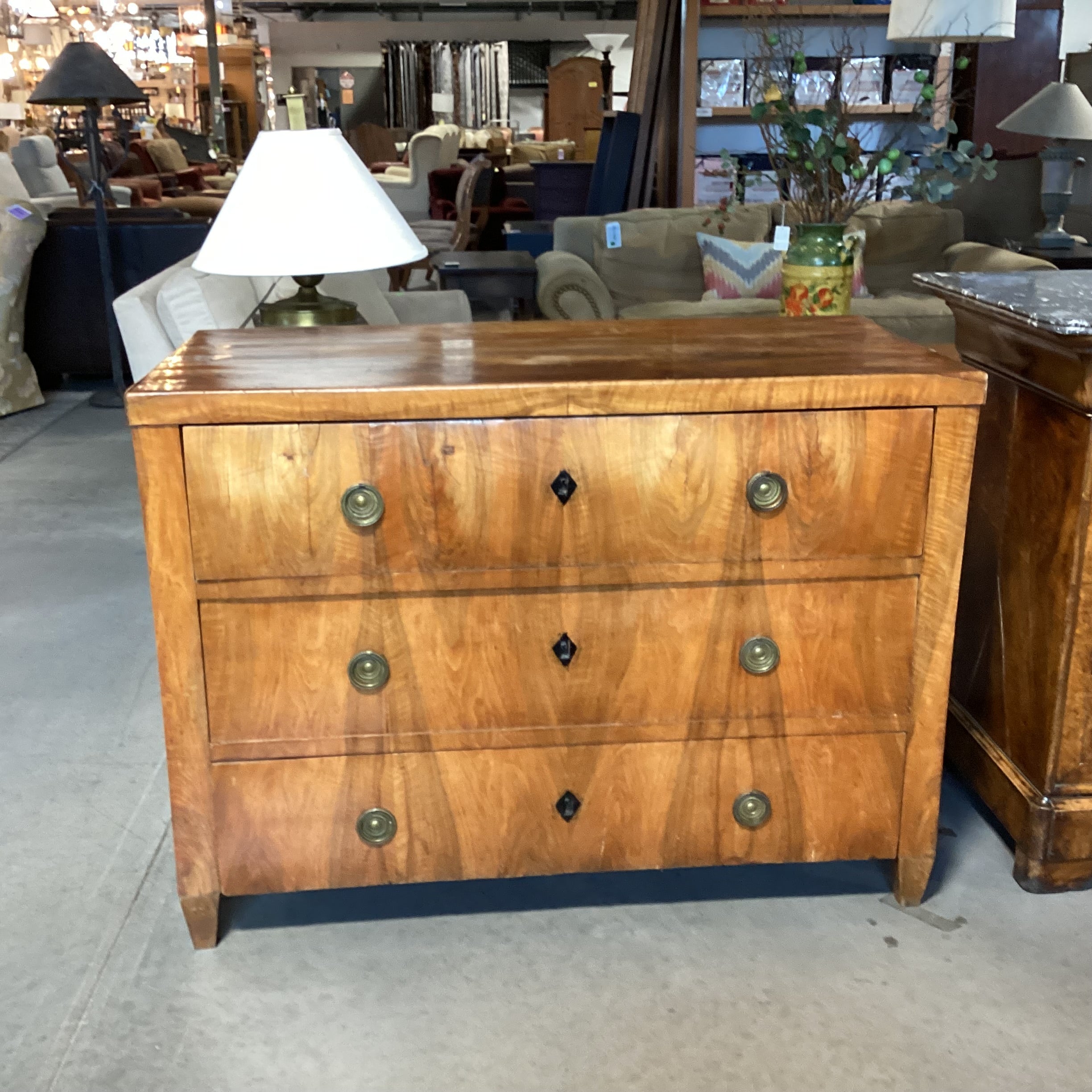 Antique Wood & Veneer 3 Drawer Keyhole Accent Chest 48.5"x 23"x 35.5"