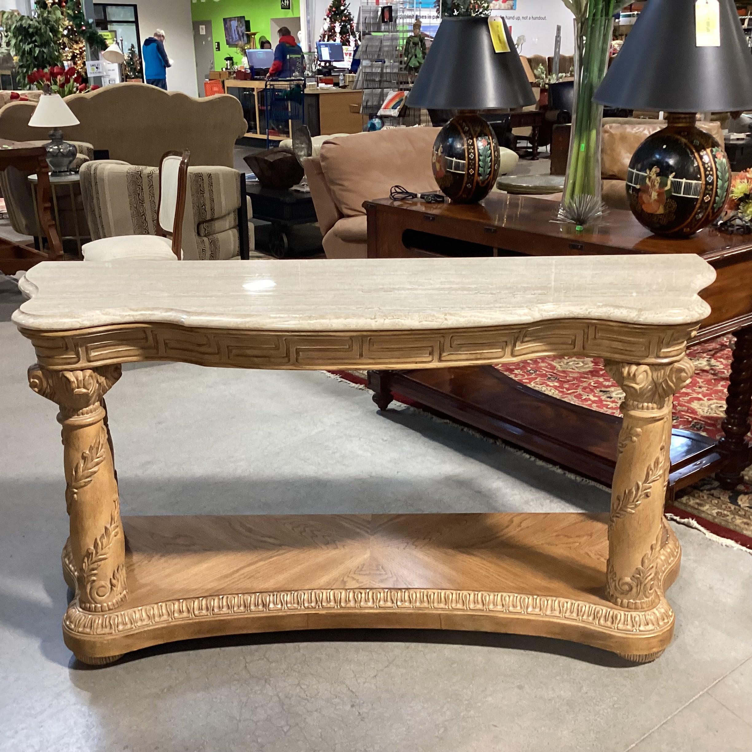 Bernhardt Athena Collection Ornate Carved Light Finish & Travertine Style Stone Console Sofa Table 66"x 21"x 34"