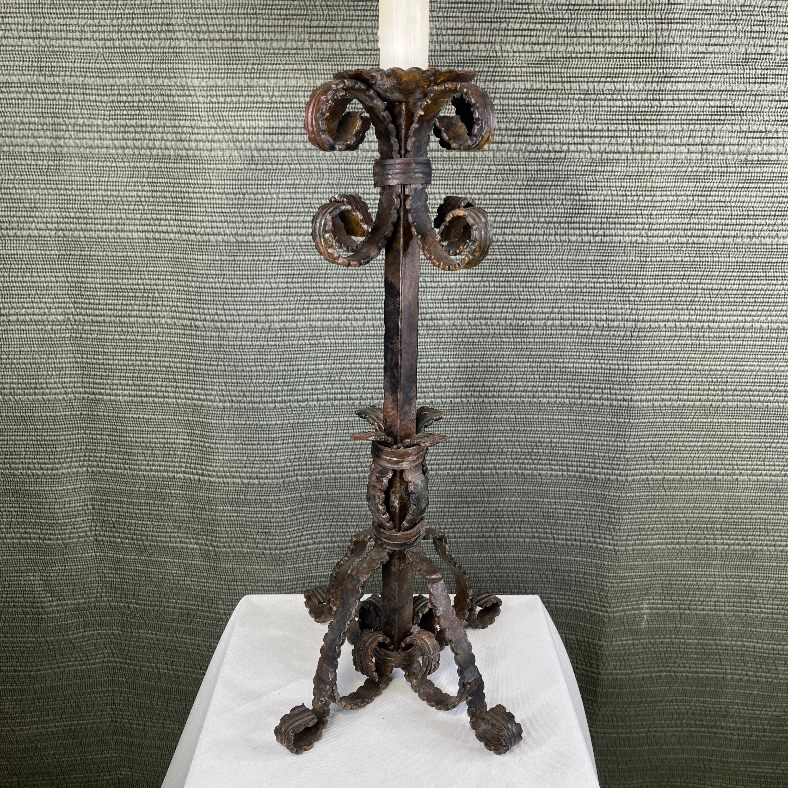 Vintage Bronze Brushed Wrought Iron Candlestick with Shade Table Lamp 19" Diameter @ Shade x 34"