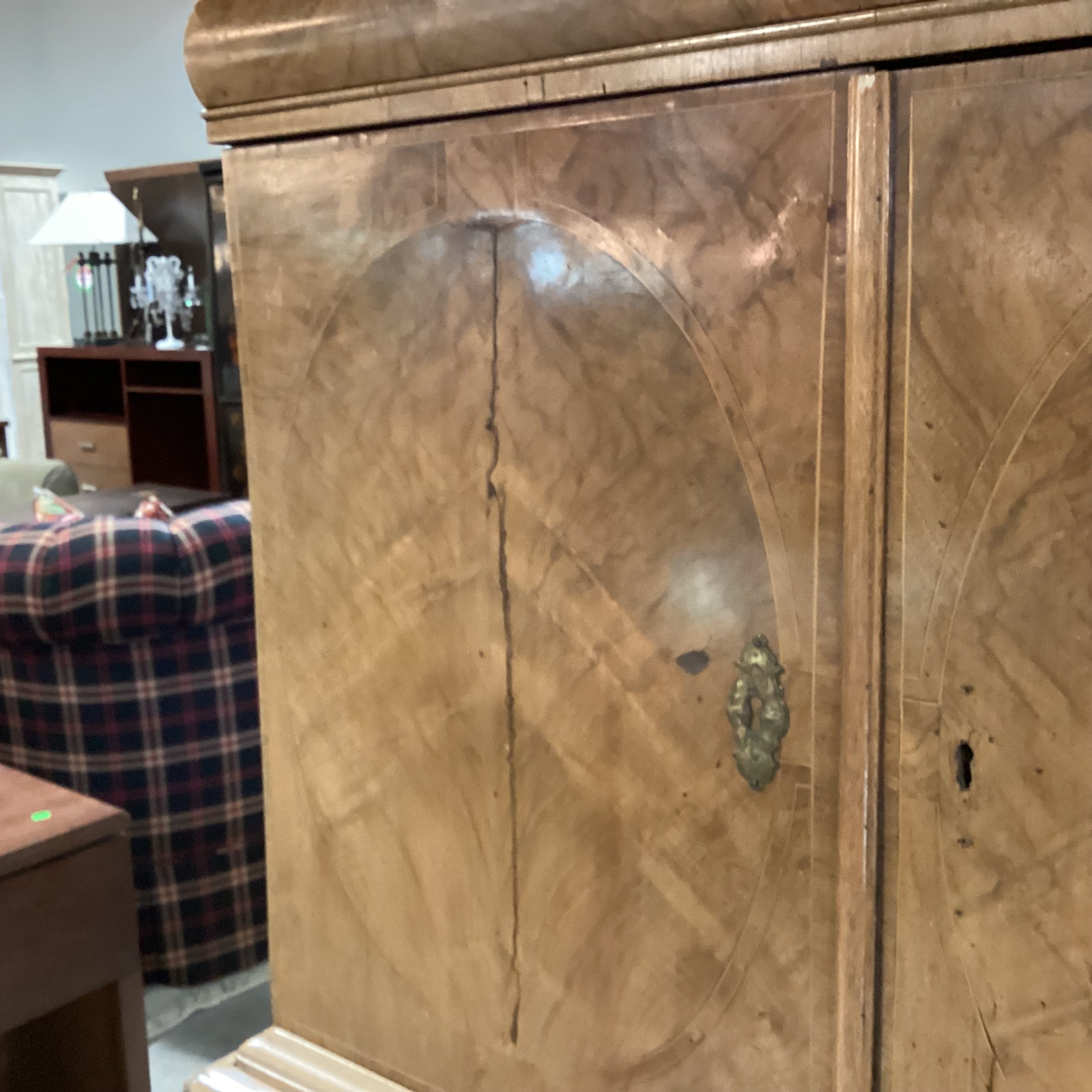 Antique English Burr Walnut Veneer Inlay & Brass Ornate Pulls 18 Drawer 2 Door 2 Piece Cabinet Chest 41"x 18"x 66"