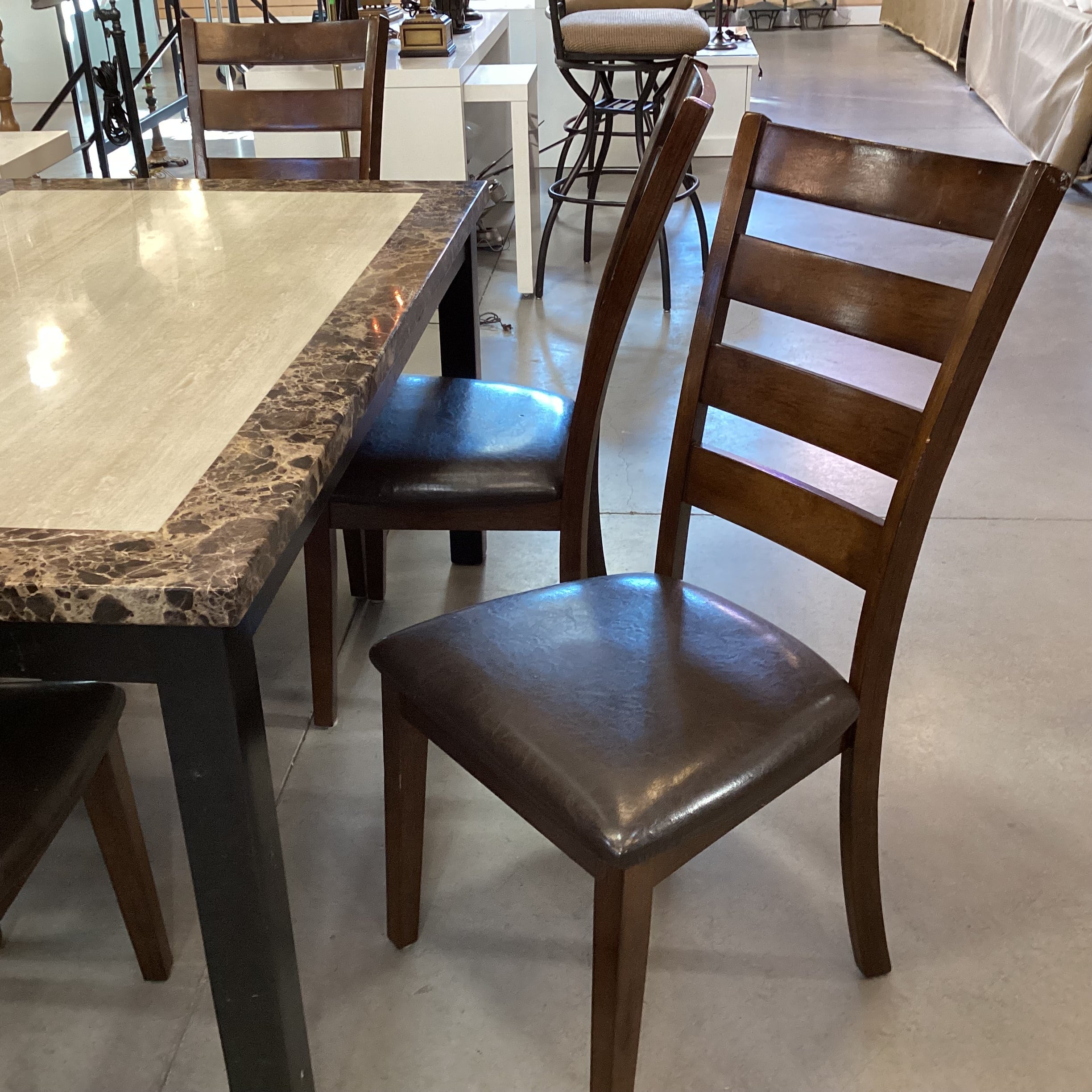 Dark Finish Wood & Faux Marble Table with 6 Faux Leather & Wood Chairs Dining Set 60"x 38"x 30.5"