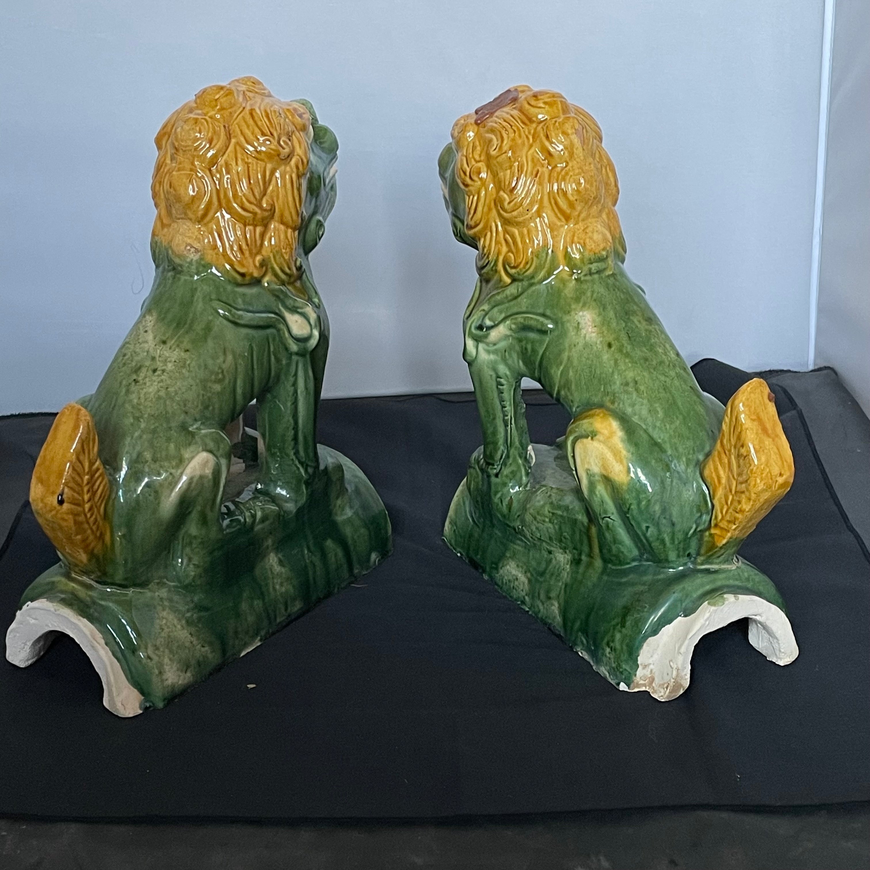 Vintage Chinese Sancai Glazed Foo Dog Chimera Roof Tiles, Pair, 8" x 4" x 10" Each
