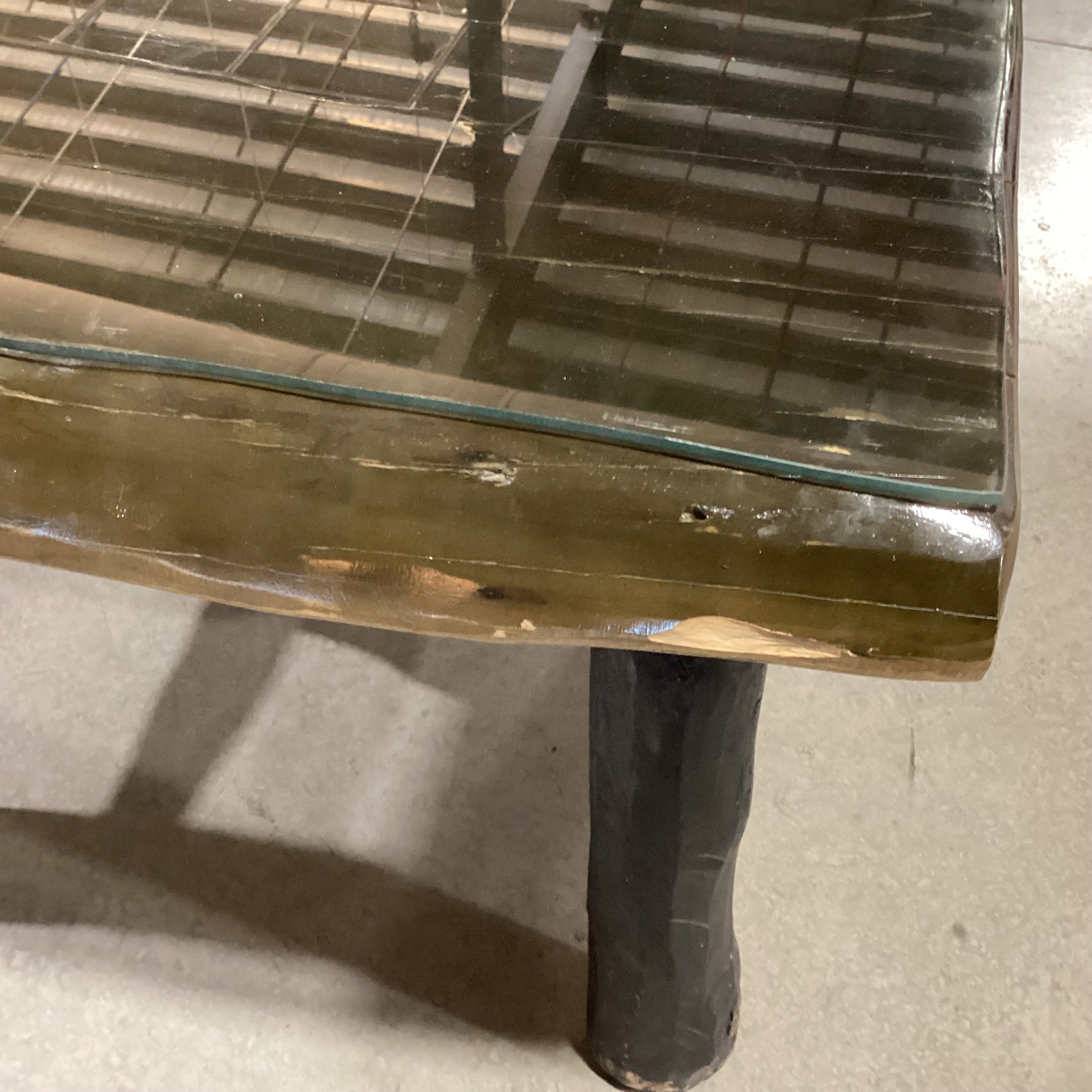 Live Edge & Log Dark Finish Solid Wood with Glass Top Accent Table 32"x 32"x 25"