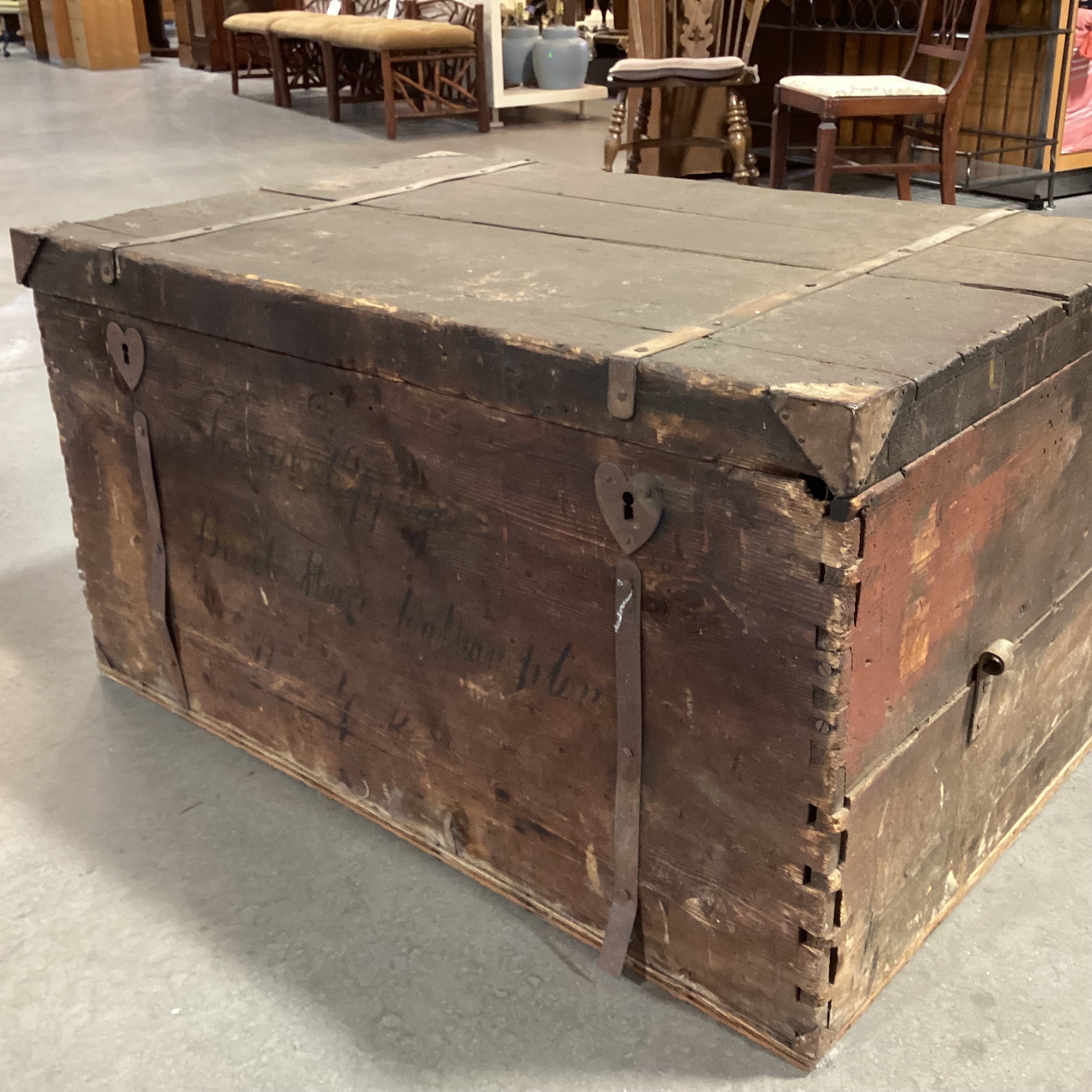 Antique Wood With Iron Bands & Heart Keyhole Trunk 42"x 28"x 23"
