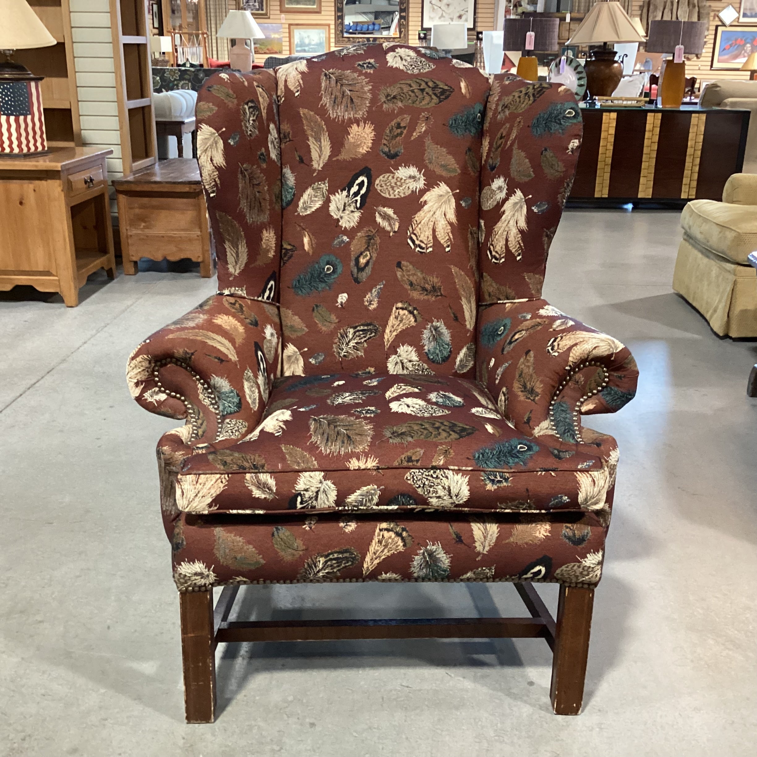 Brown Blue Feather Upholstery Nailhead Wing Chair 40"x 35"x 46"