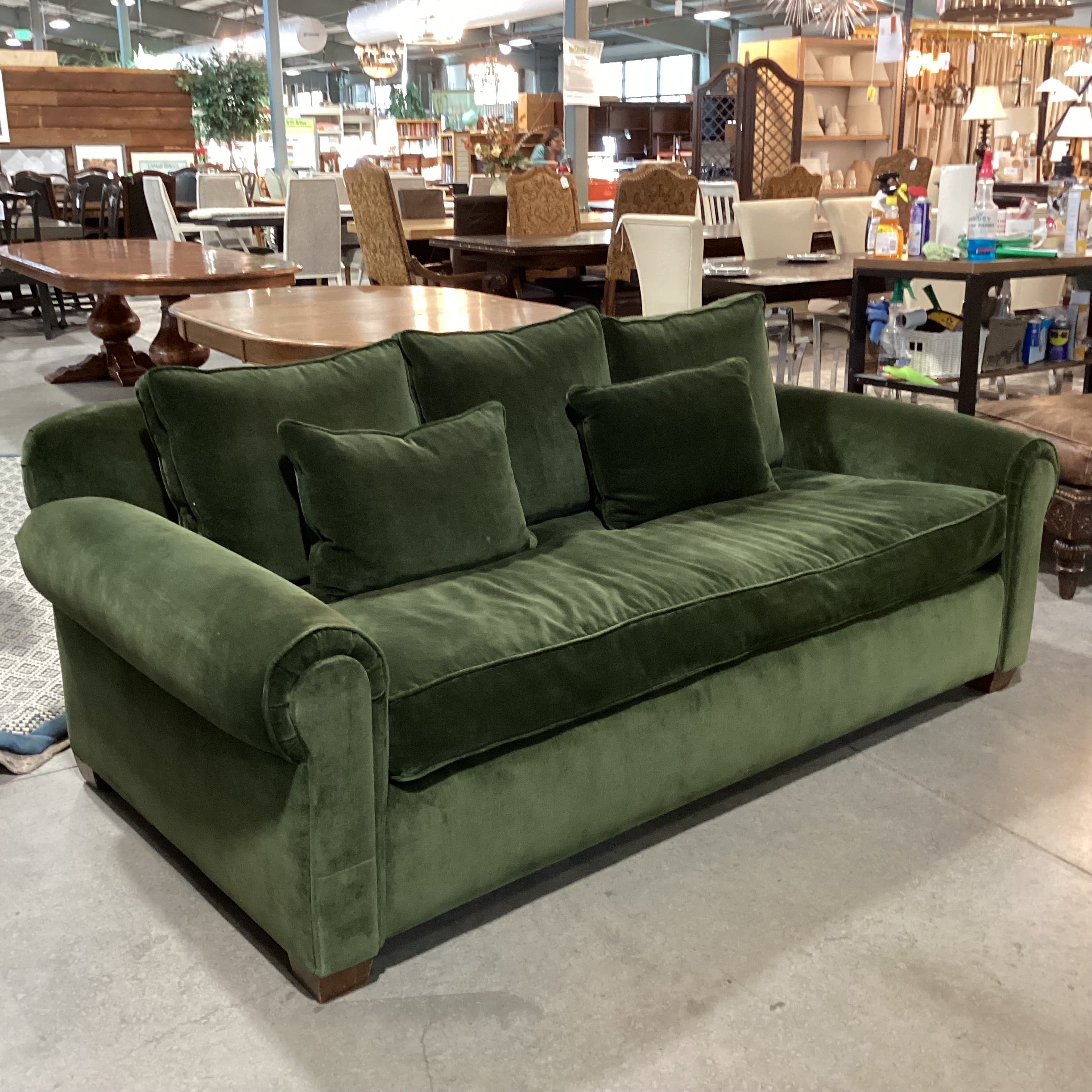Pottery Barn Green Velvet Down Mix Queen Sleeper Sofa 84"x 42"x 32"