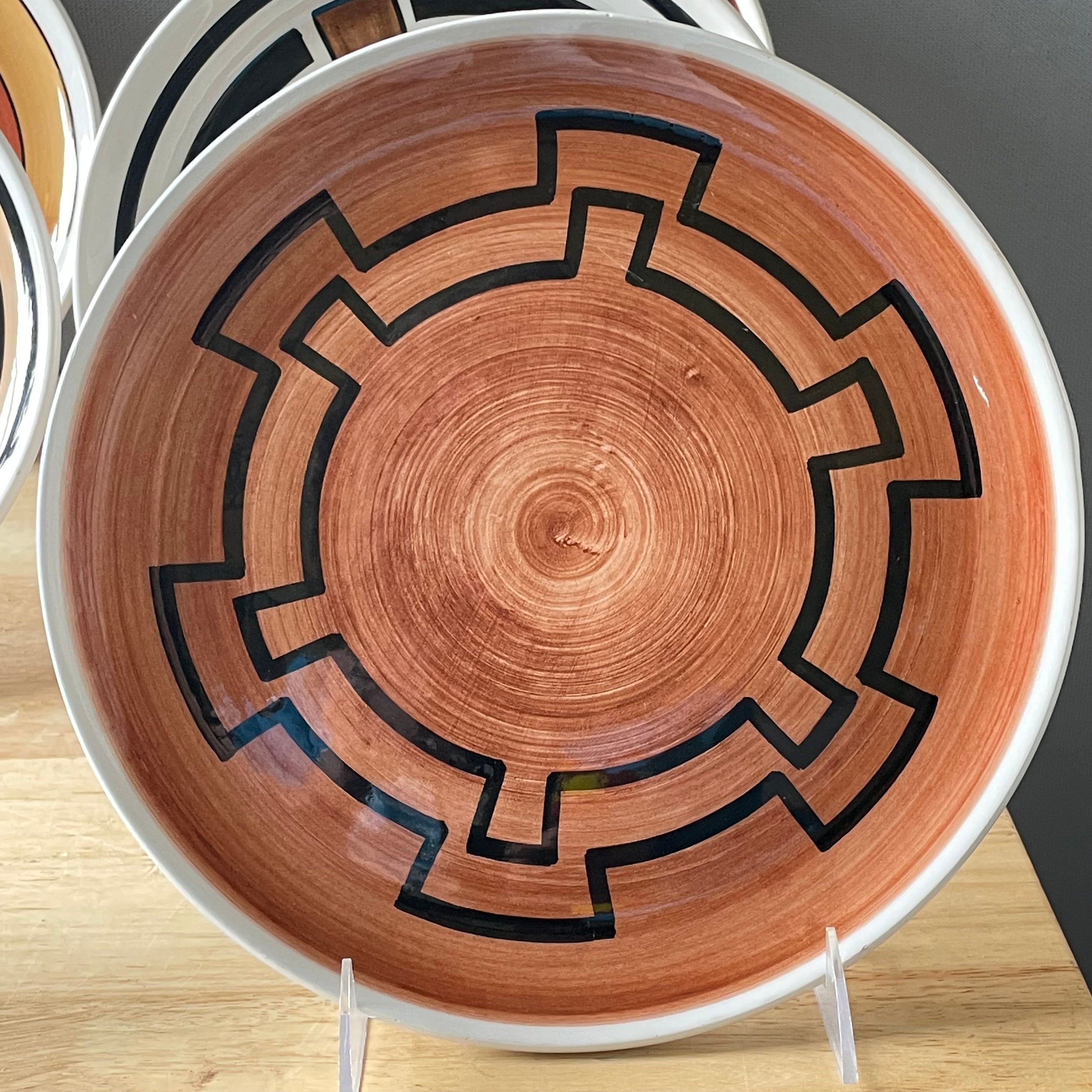Set of 6 MCM Handcrafted Ceramic American Indian Design Decorative Plates by Ronal Schwarz for Gumps, San Francisco