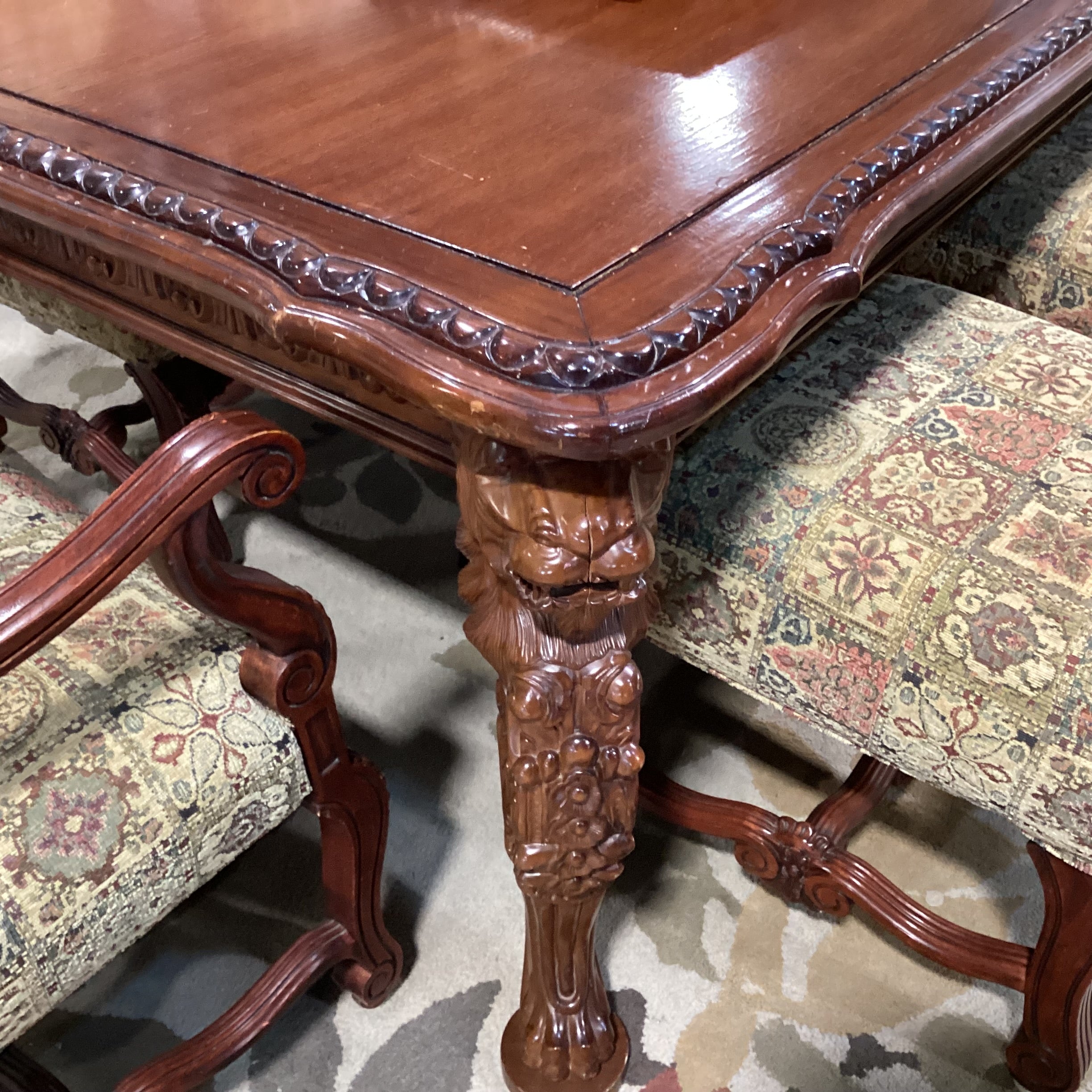White Rose Ornate Carved Lionshead 2 Leaves Table with 8 Chairs Dining Set 102" to 138"x 48"x 31.5"