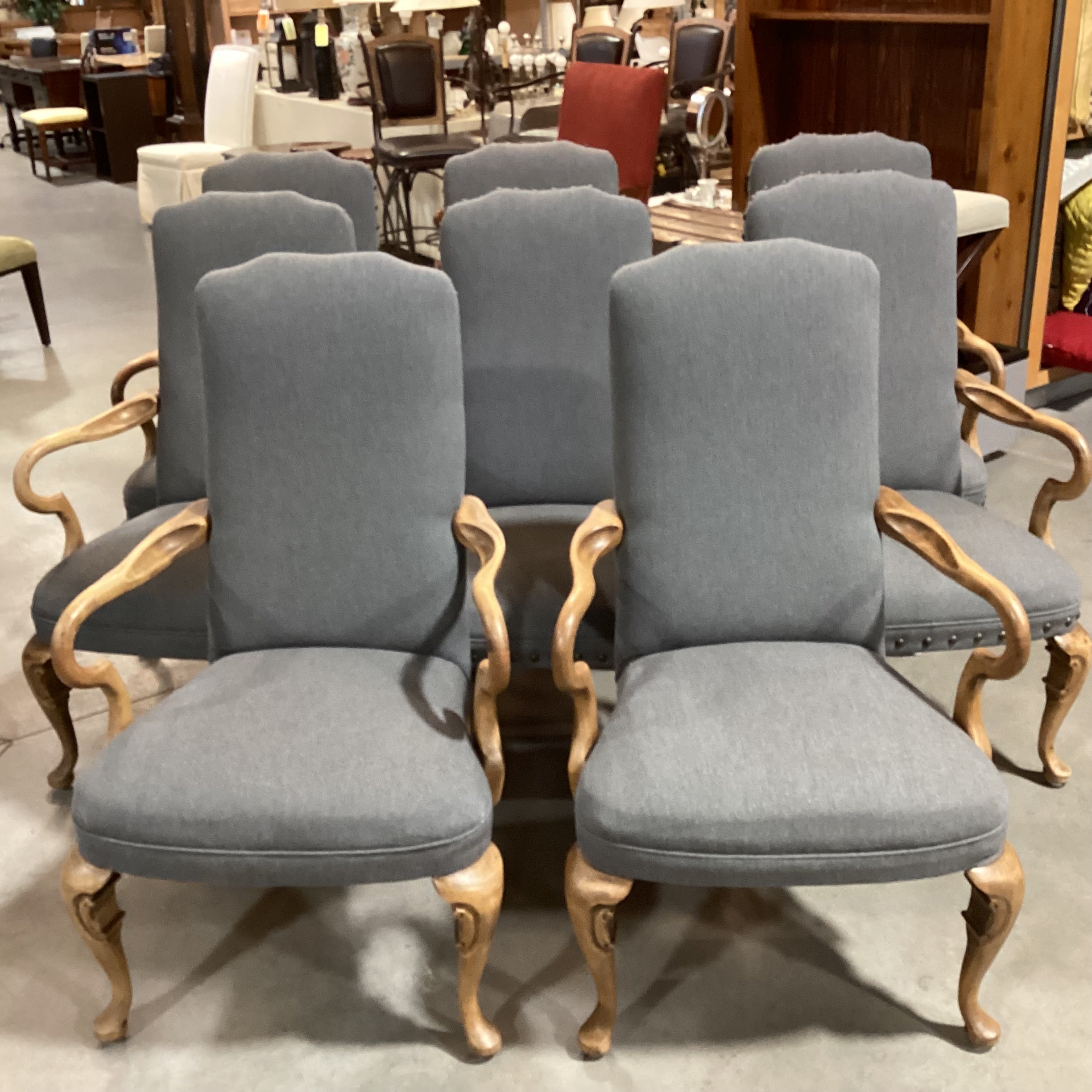 SET of 8 Antique Carved Wood with Reupholstered Grey Wool Blend Dining Chairs 27"x 24"x 43"  Chairs