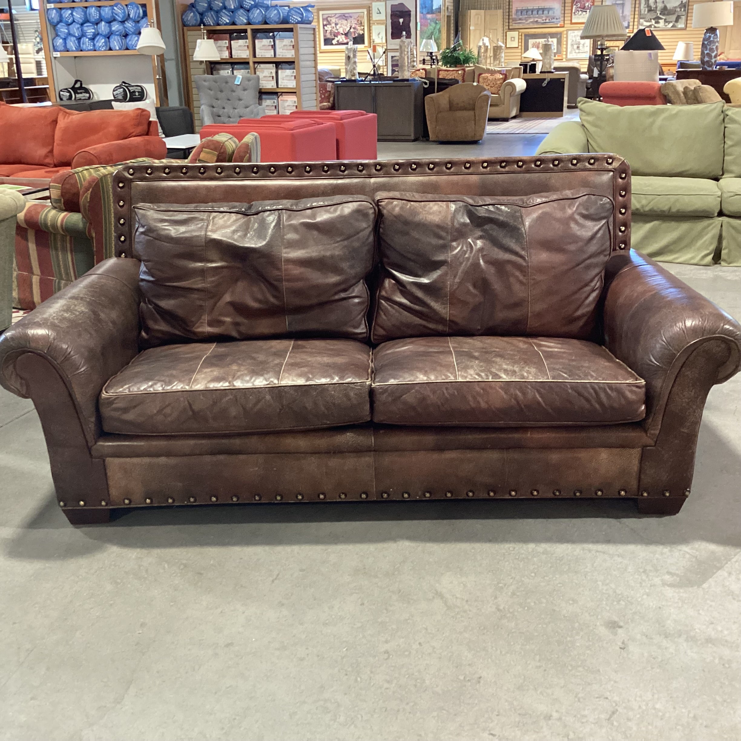 Distressed Leather Nailhead Highback Sofa 80"x 41"x 36"