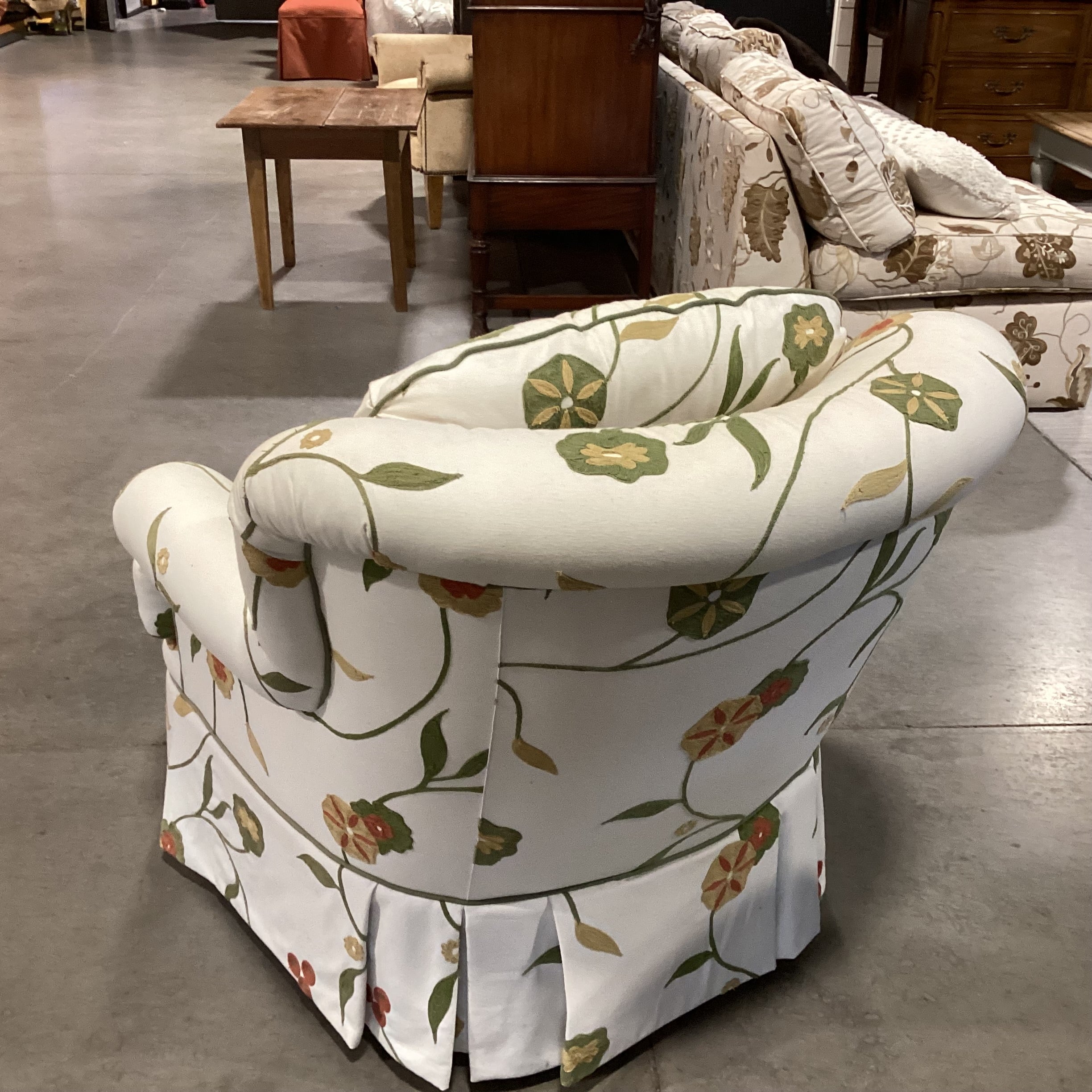 Dindy Foster Interiors Custom Cream with Embroidered Applique Green Gold Rust Floral Chair 35"x 40"x 32"