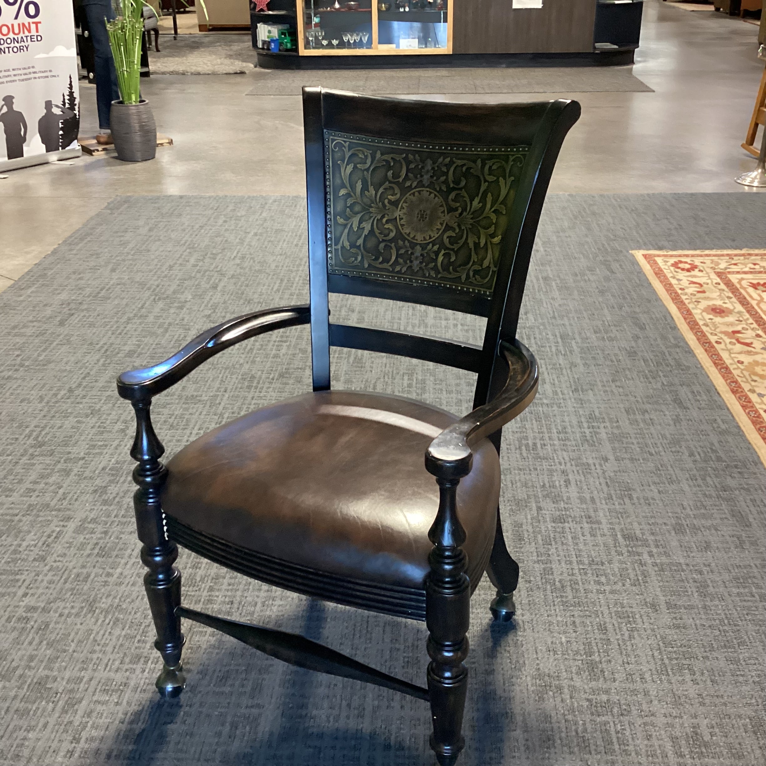 Black Distressed Wood Leather Seat & Ornate Metal Back Detail Frisco Castered Chair 24"x 23"x 40"