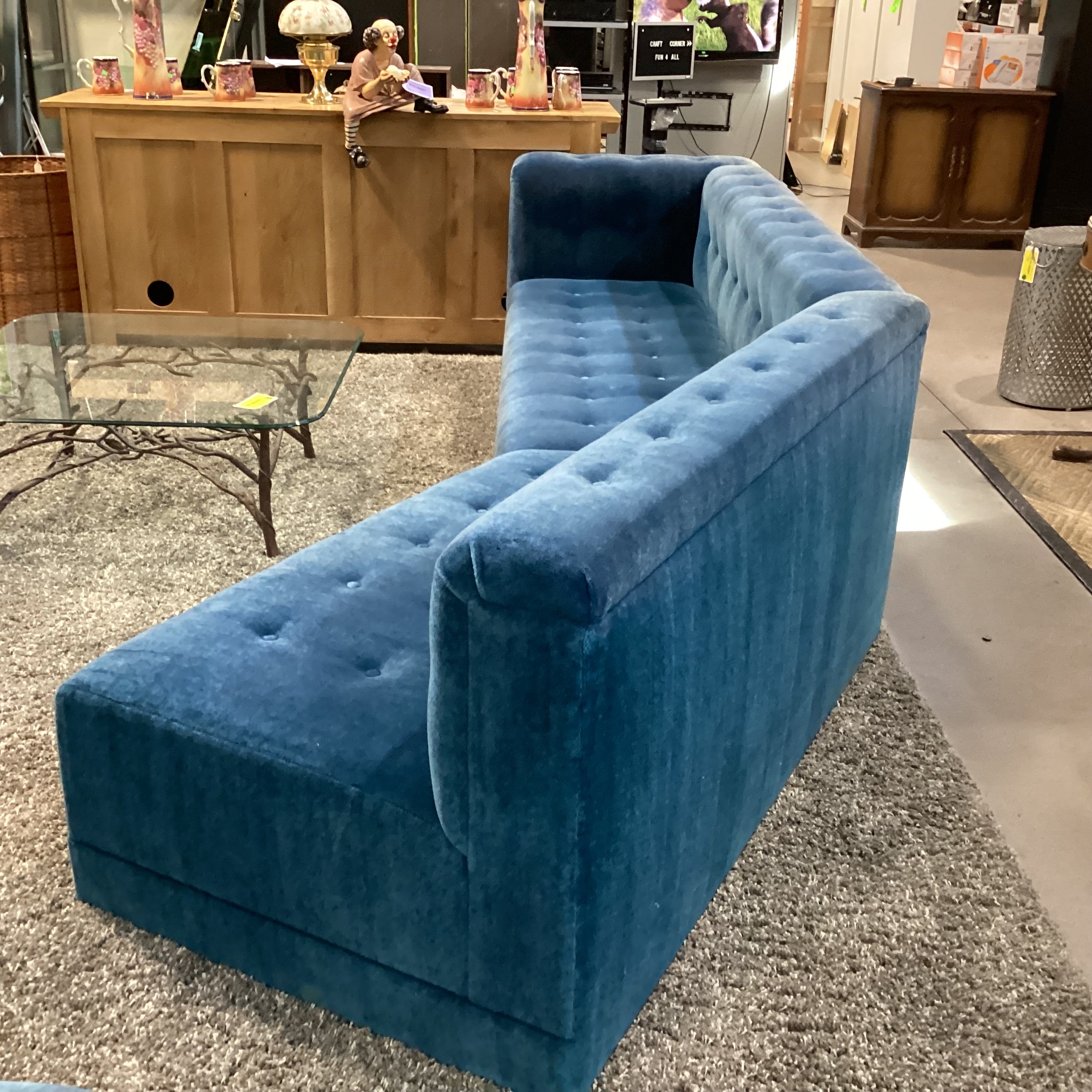 Custom Blue Teal Mohair with Button Tufting 2 Piece Angled Sectional 142"x 35"x 32"