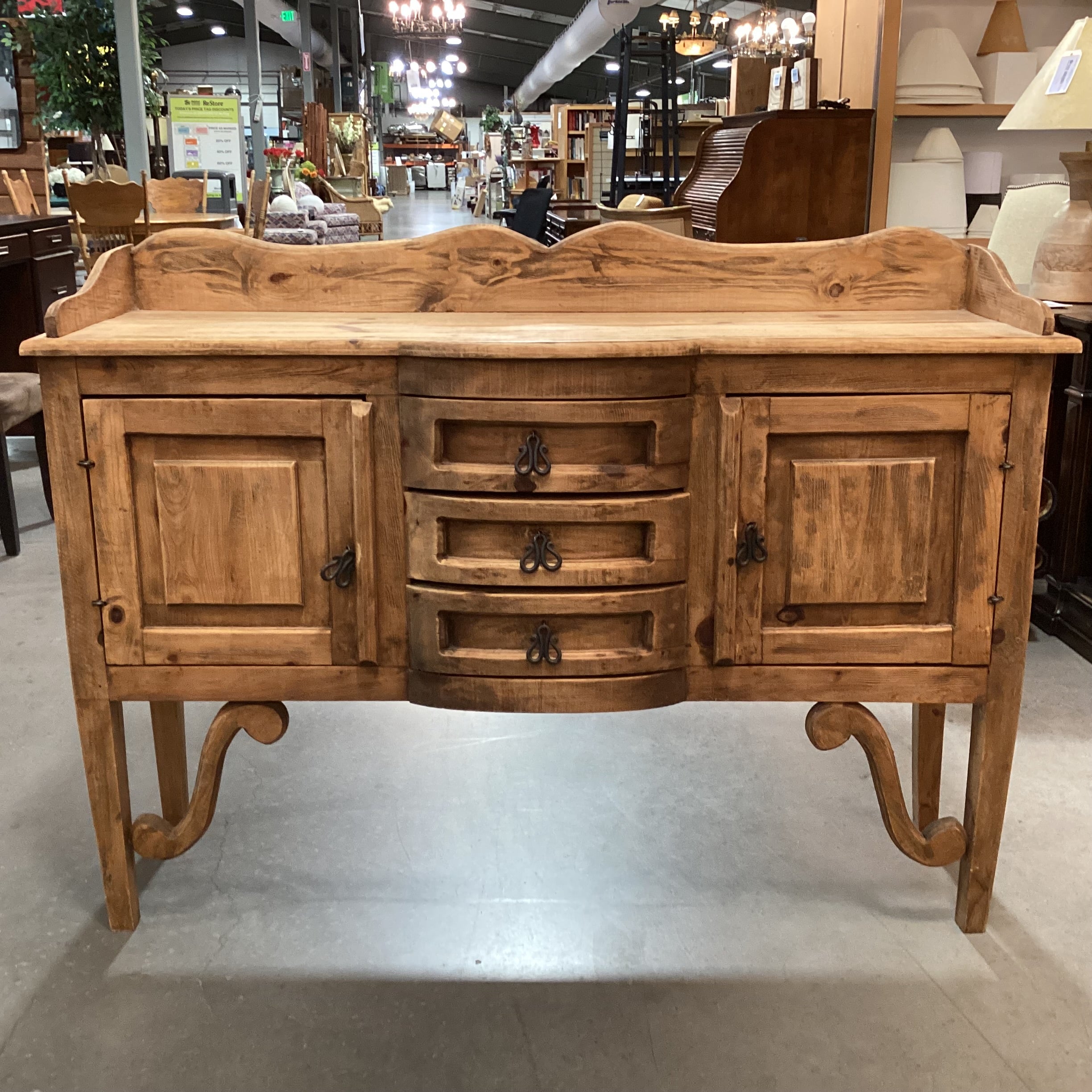 Rustic Distressed Pine with Iron Pulls 2 Door 3 Drawer Buffet Sideboard 55"x 16"x 41"