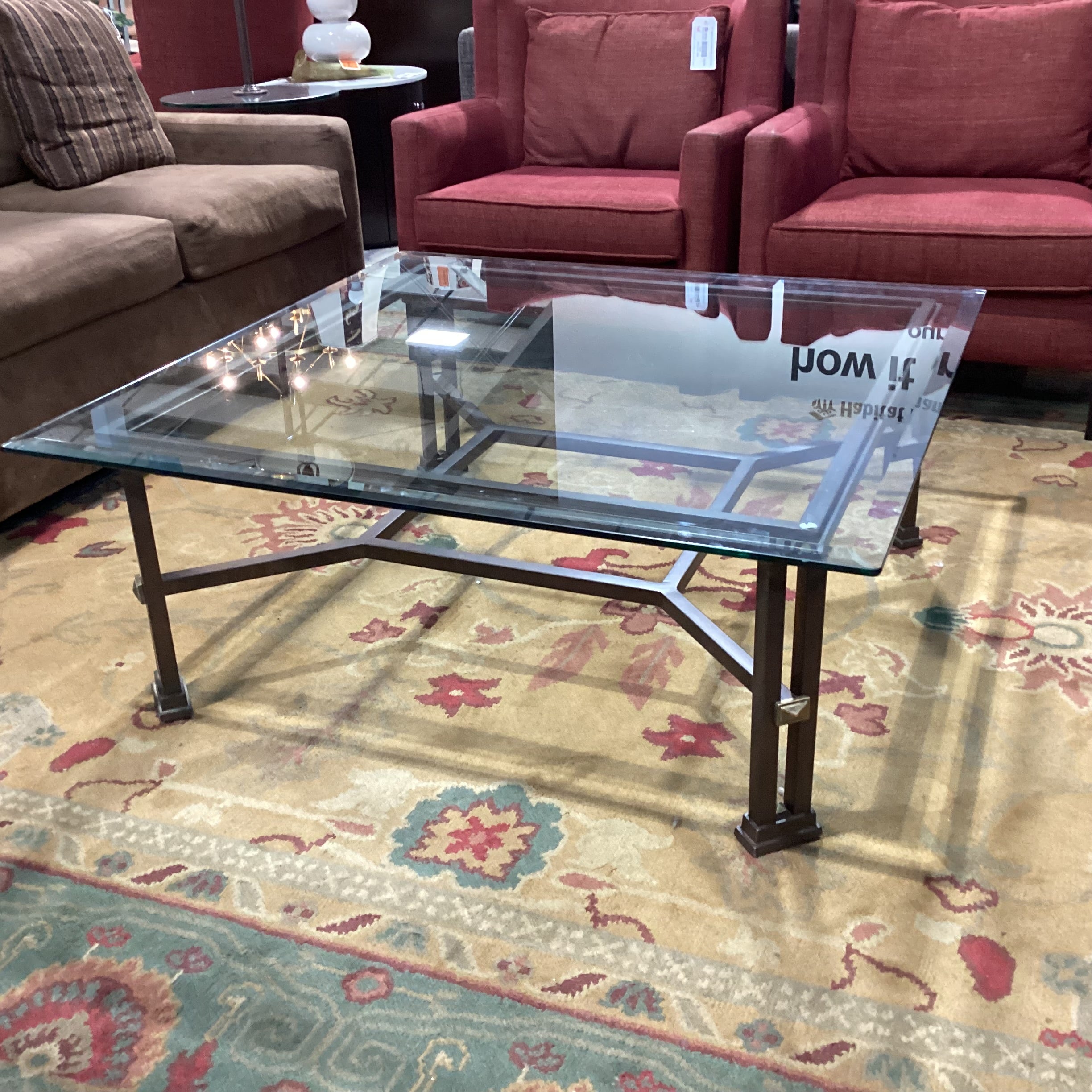 Iron with Bronze & Gold Detail Glass Top Coffee Table 45"x 45"x 17.5"