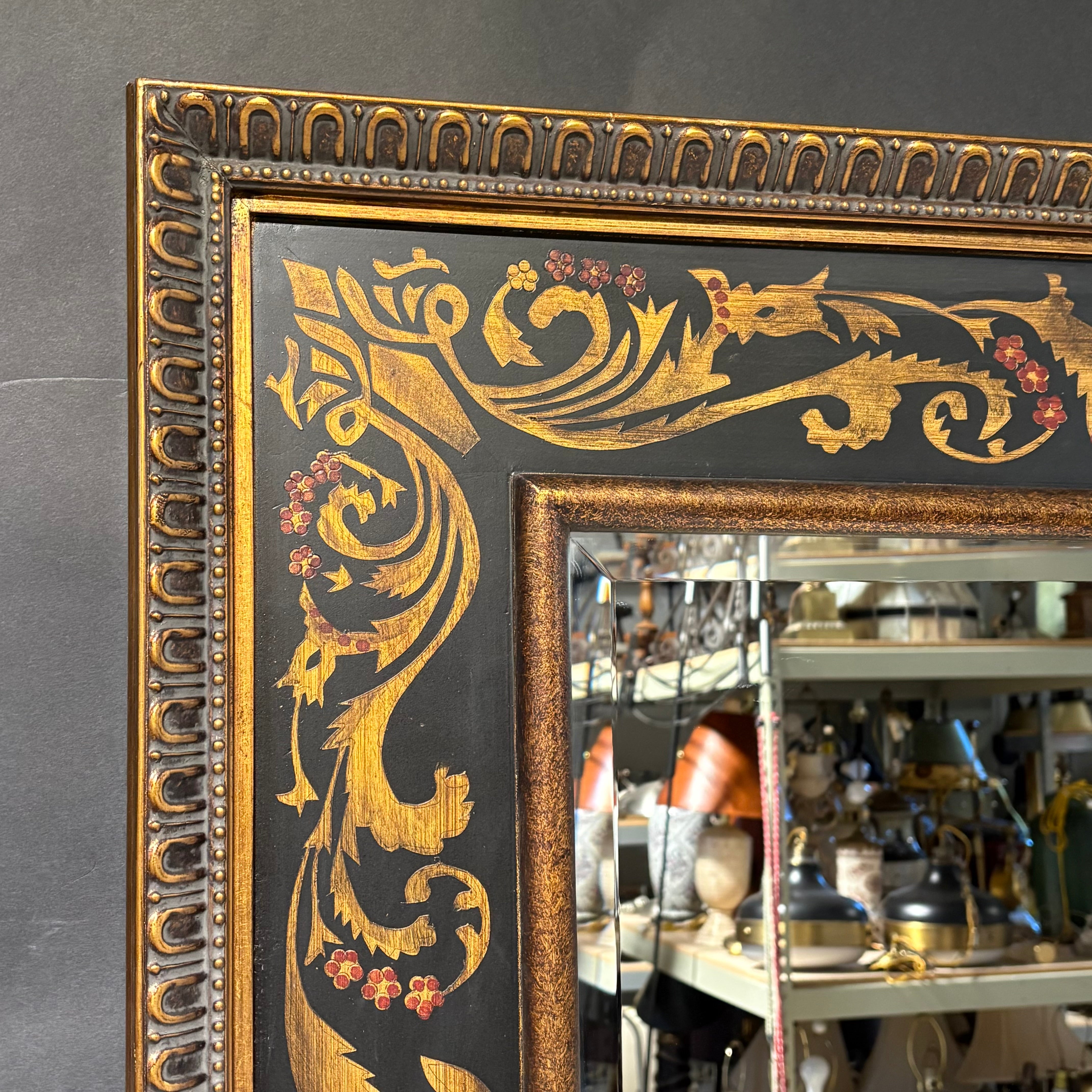 John Richards Gold, Black, Red Ornate Floral Painted Beveled Wall Hanging Mirror 53.5”x 43.5”