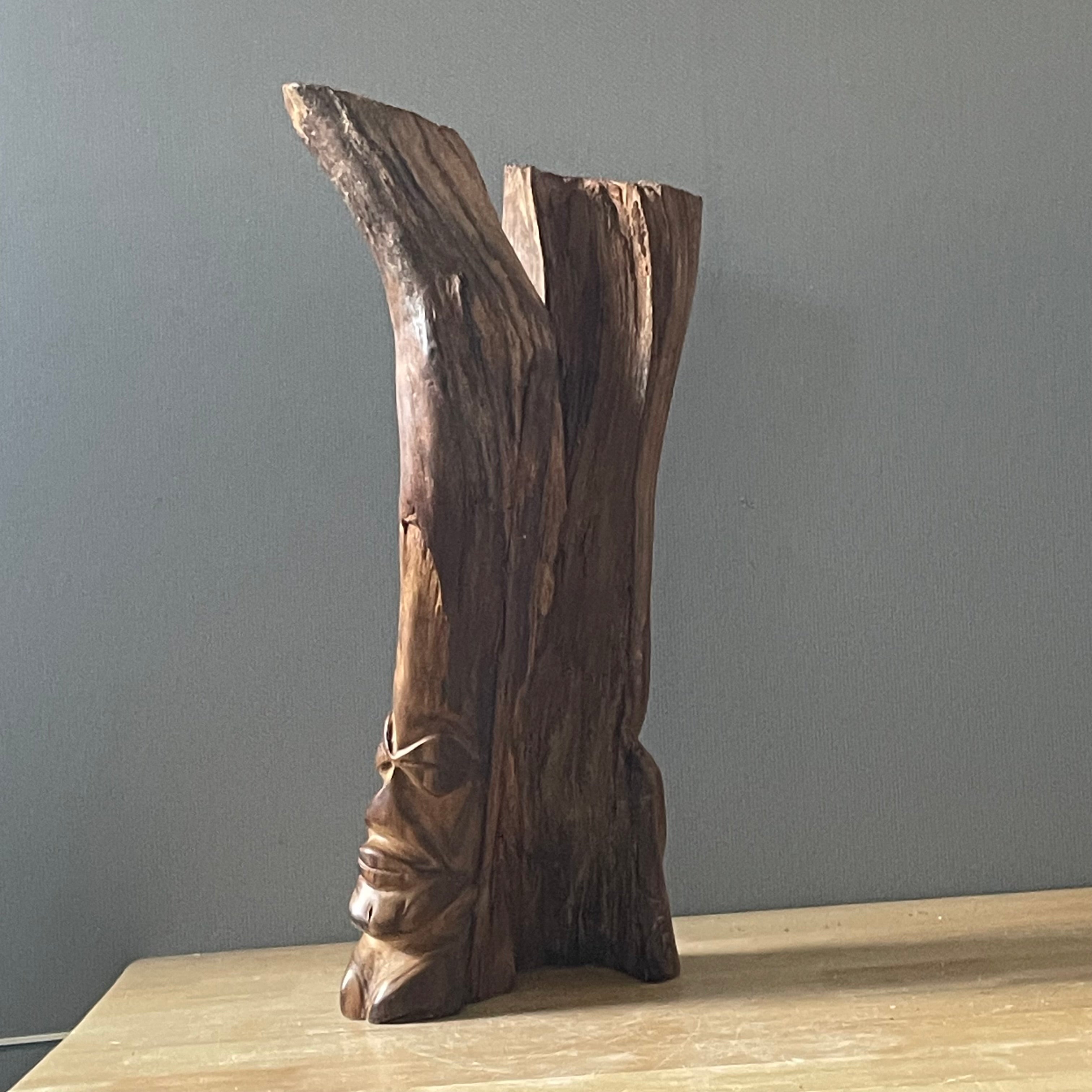 Vintage Polynesian Hand Carved Hardwood with Natural Live Edge Faces Sculpture, 8"x 6"x 17"