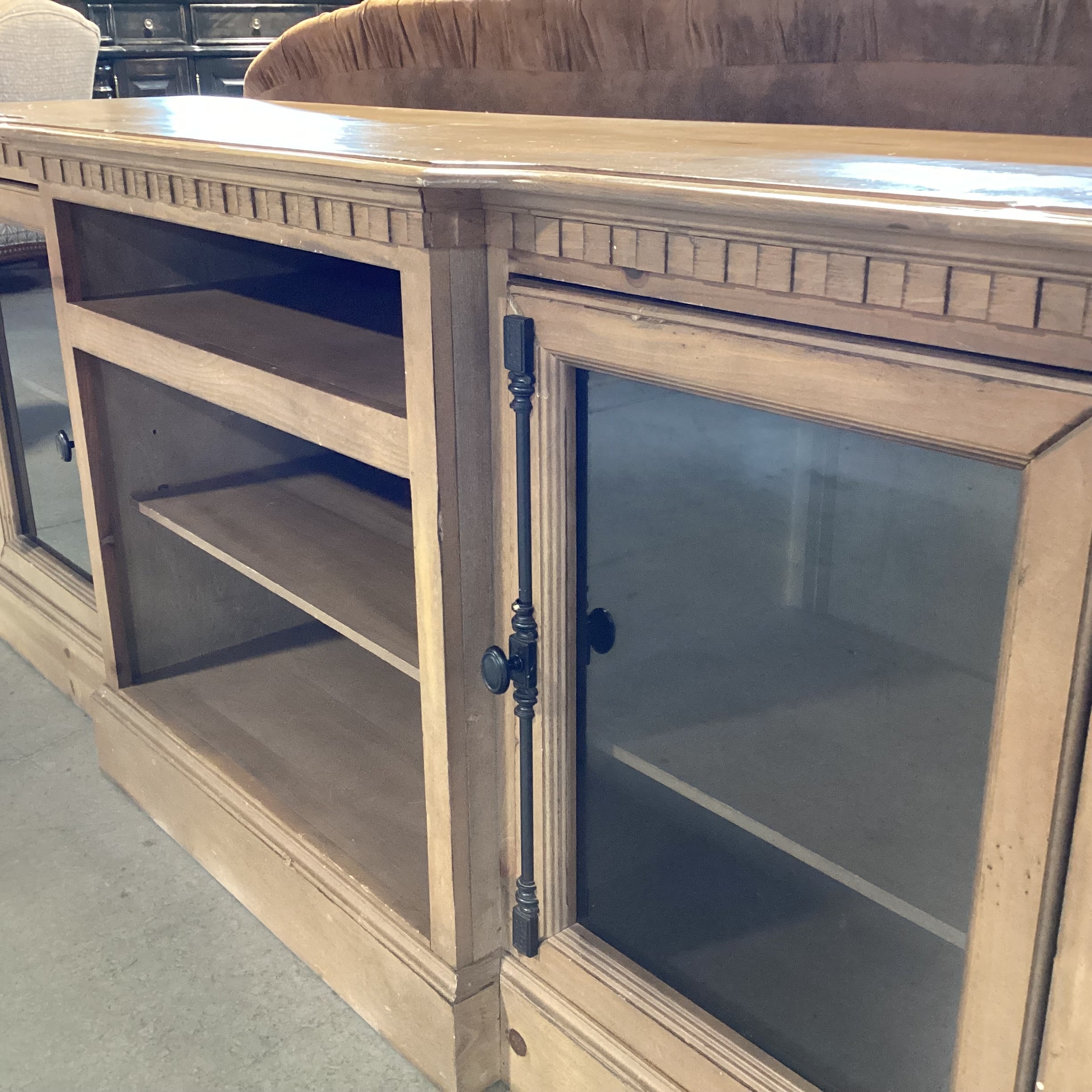 Light Greige Distressed Pine 2 Glass Door with Shelves Console Credenza 74"x 20"x 32.5"