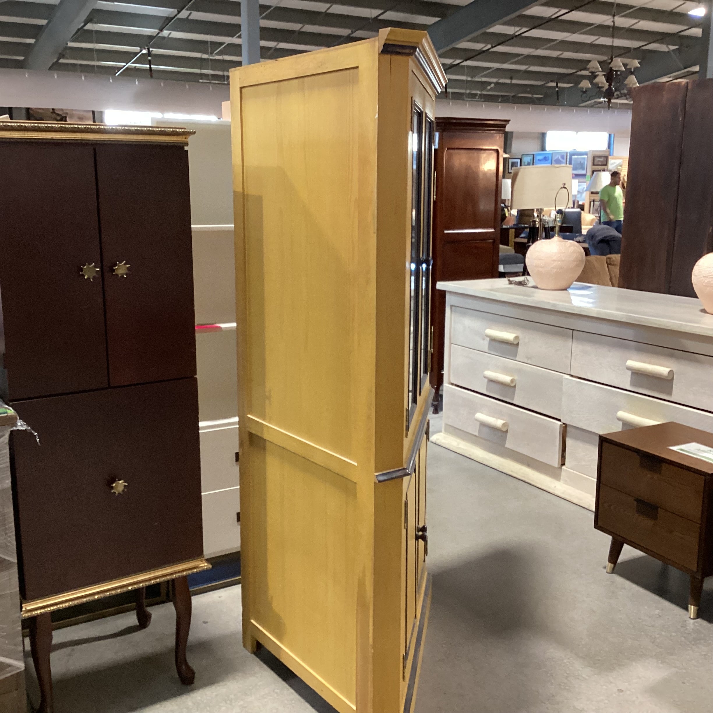 Gold & Navy Distressed Wood 2 Beveled Glass Doors & 2Wood with Shelves Corner Armoire 42"x 32"x 72.5"