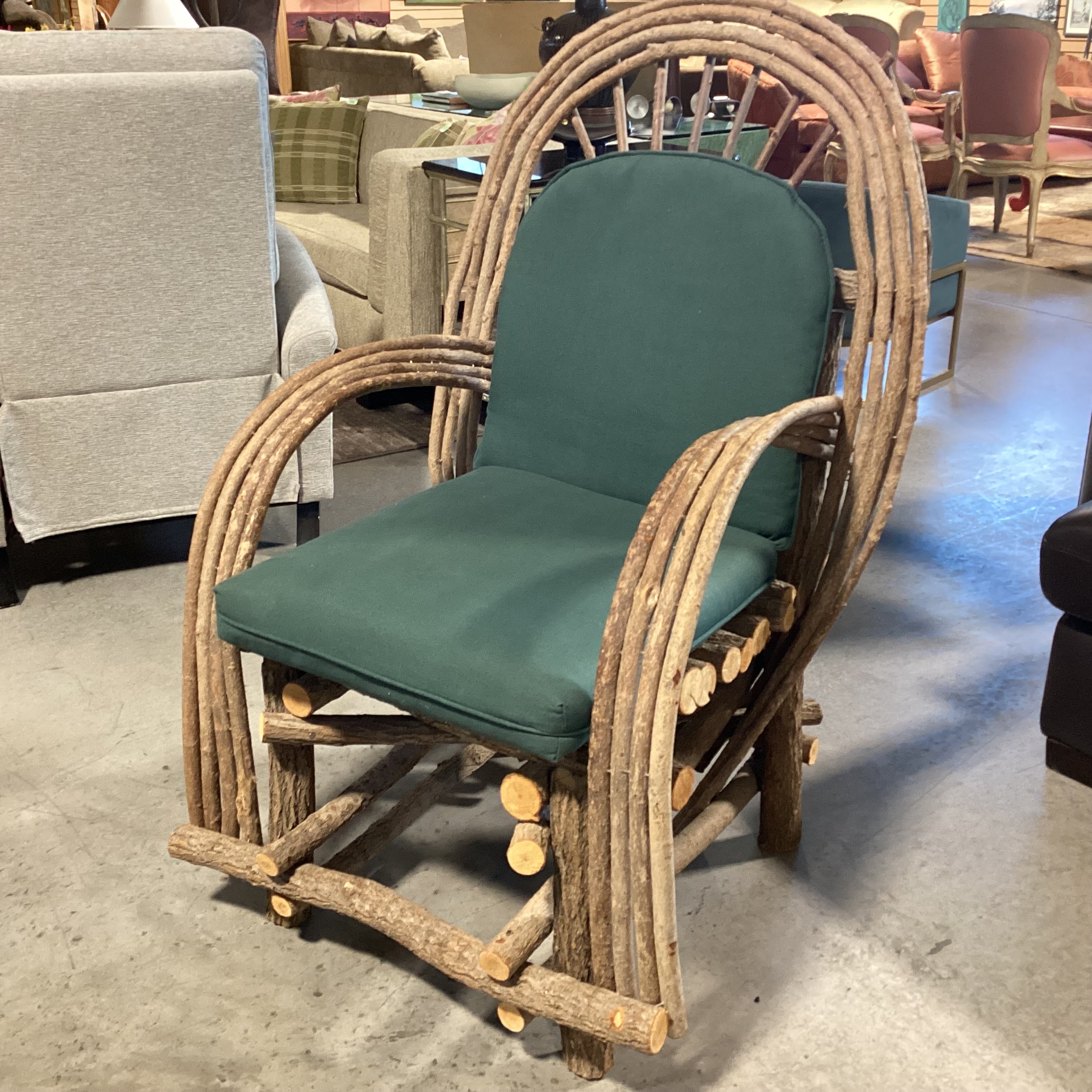 Log & Branch Arched & Rounded Arm with Green Cushions Chair 31"x 33"x 35"