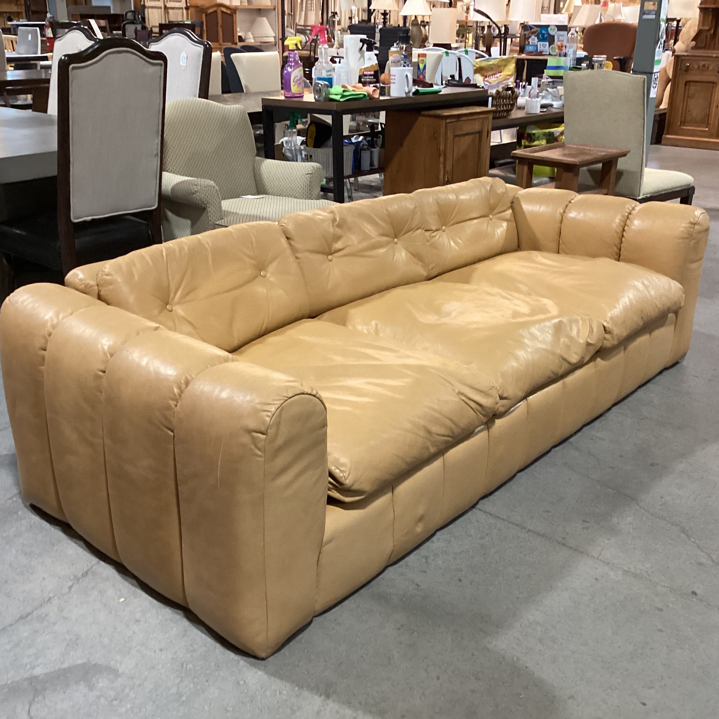 Interior Crafts Chicago Vintage Tan Leather Channel Ribbed Tufted Sofa 98"x 42"x 26"