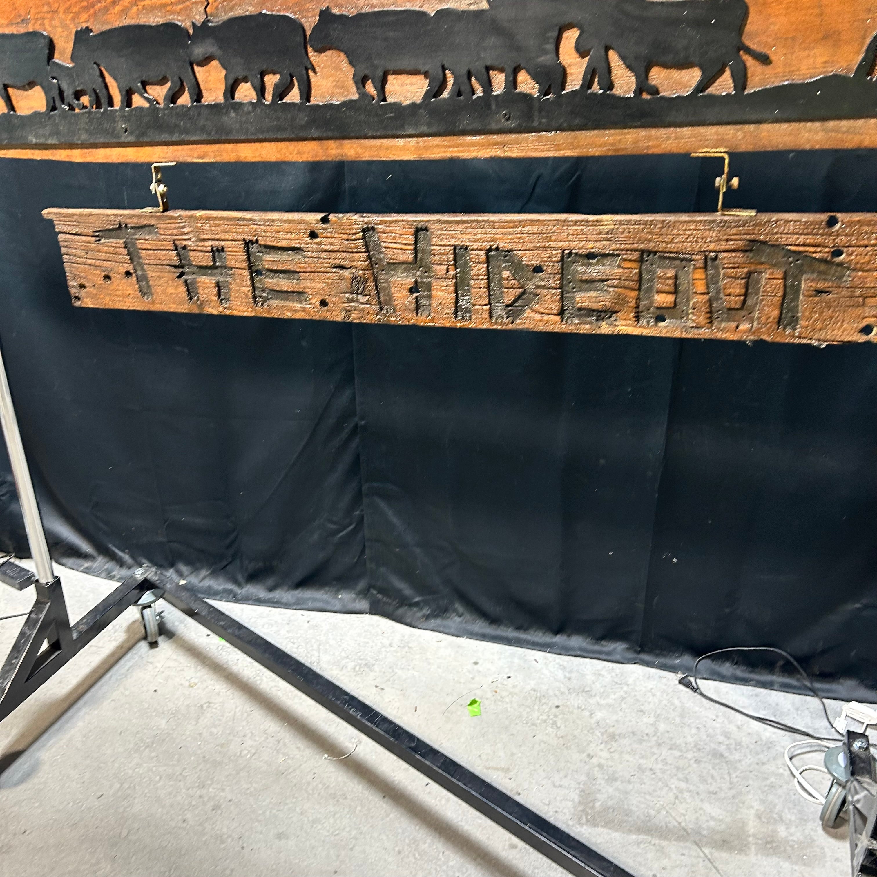 Large Western Decor Sign "THE HIDEOUT" With Iron Cattle Drive Silhouette 89"x 23"