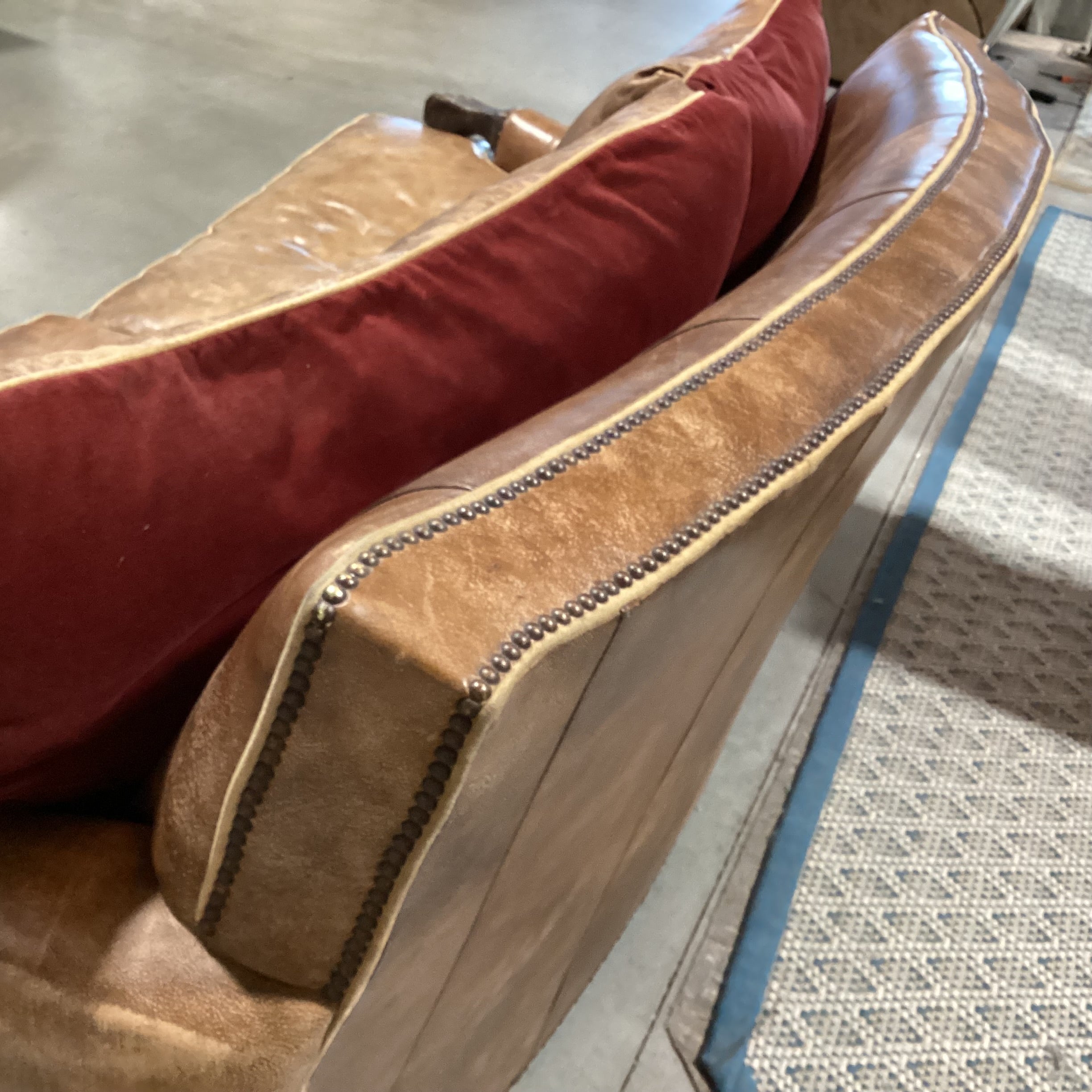 Carol Hicks Bolton & E J Victor Distressed Leather with Reversible Burgundy Velvet Cushions Ornate Carved Wood Down Mix Sofa 92"x 46"x 40"