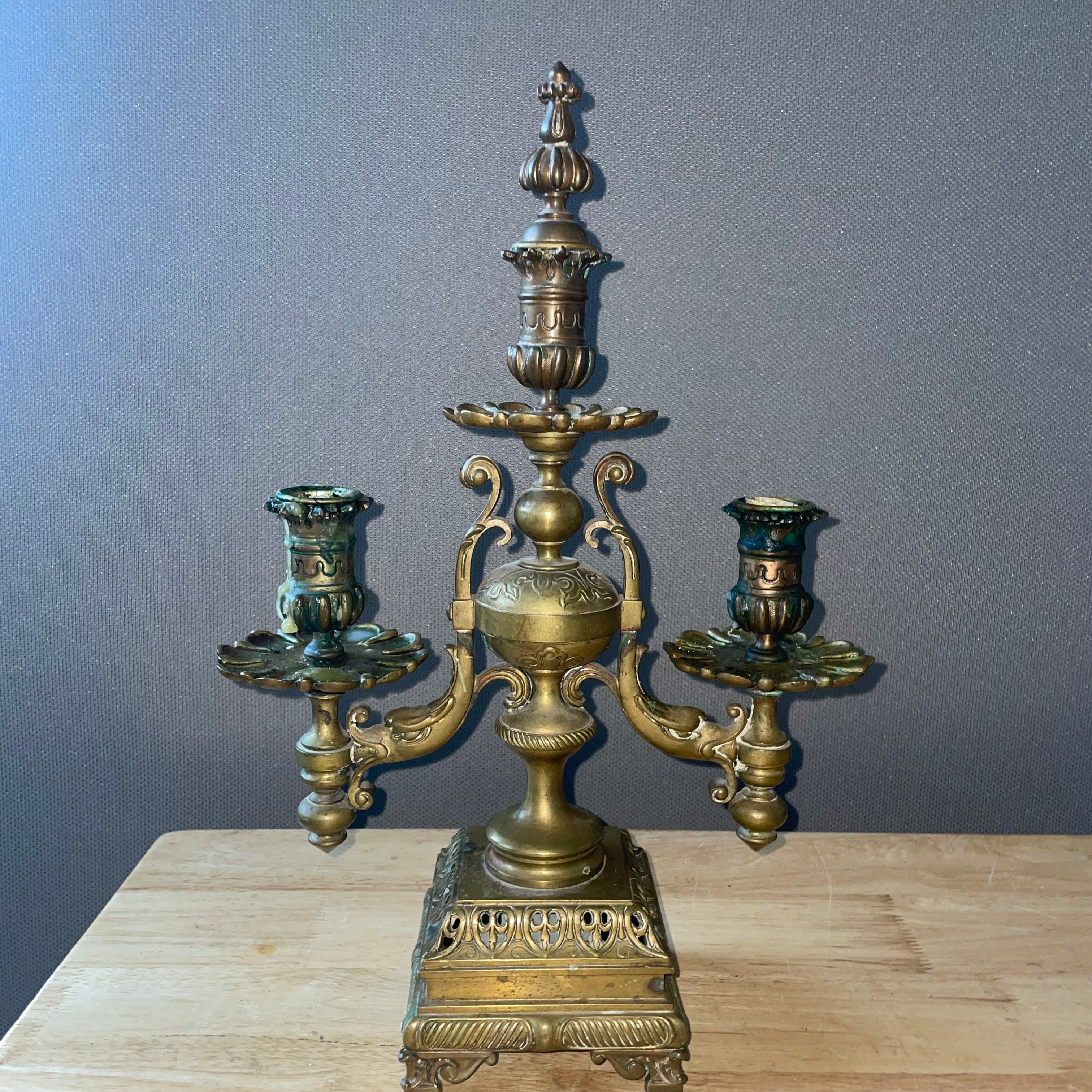 Antique French Empire Style Elaborate Brass/Bronze Candelabras, Pair, 10.25"x 4.25"x 15"