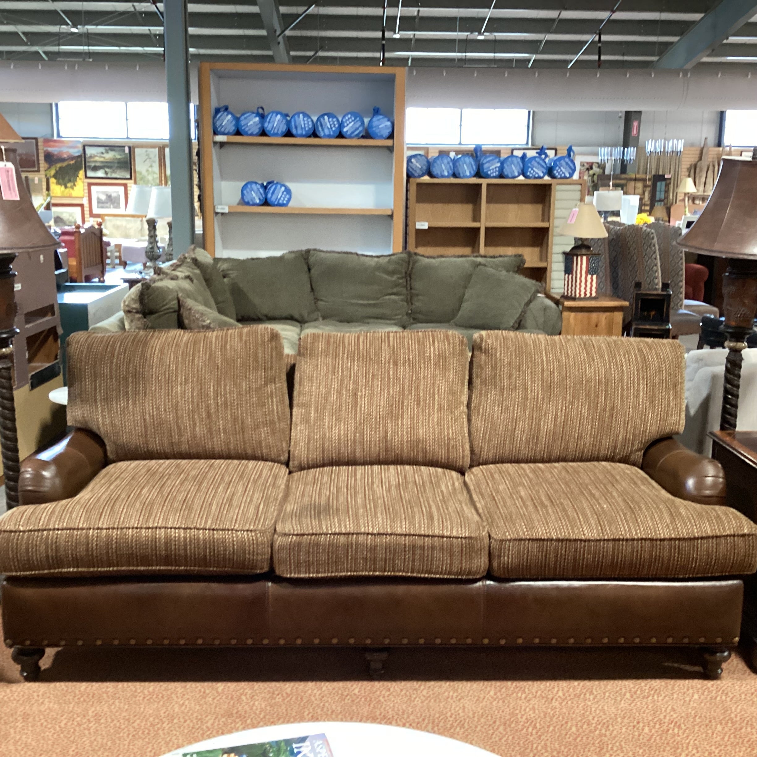 Massoud Gold & Rustic Woven Leather Nailhead Sofa 89"x 40"x 33"