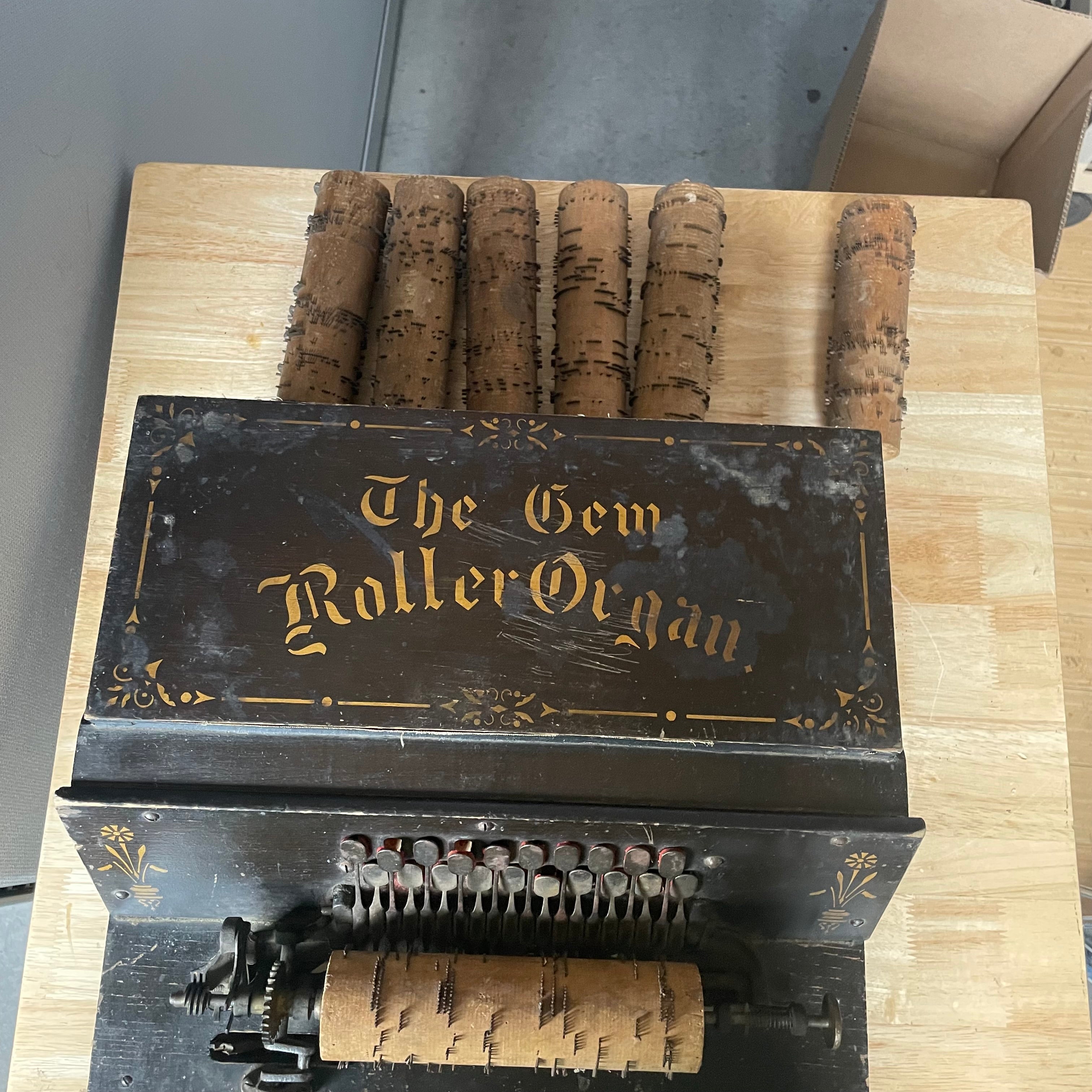 Antique 1887 Black Wood/Metal Gold Stenciled The Gem Roller Organ Made by Autophone Co NY