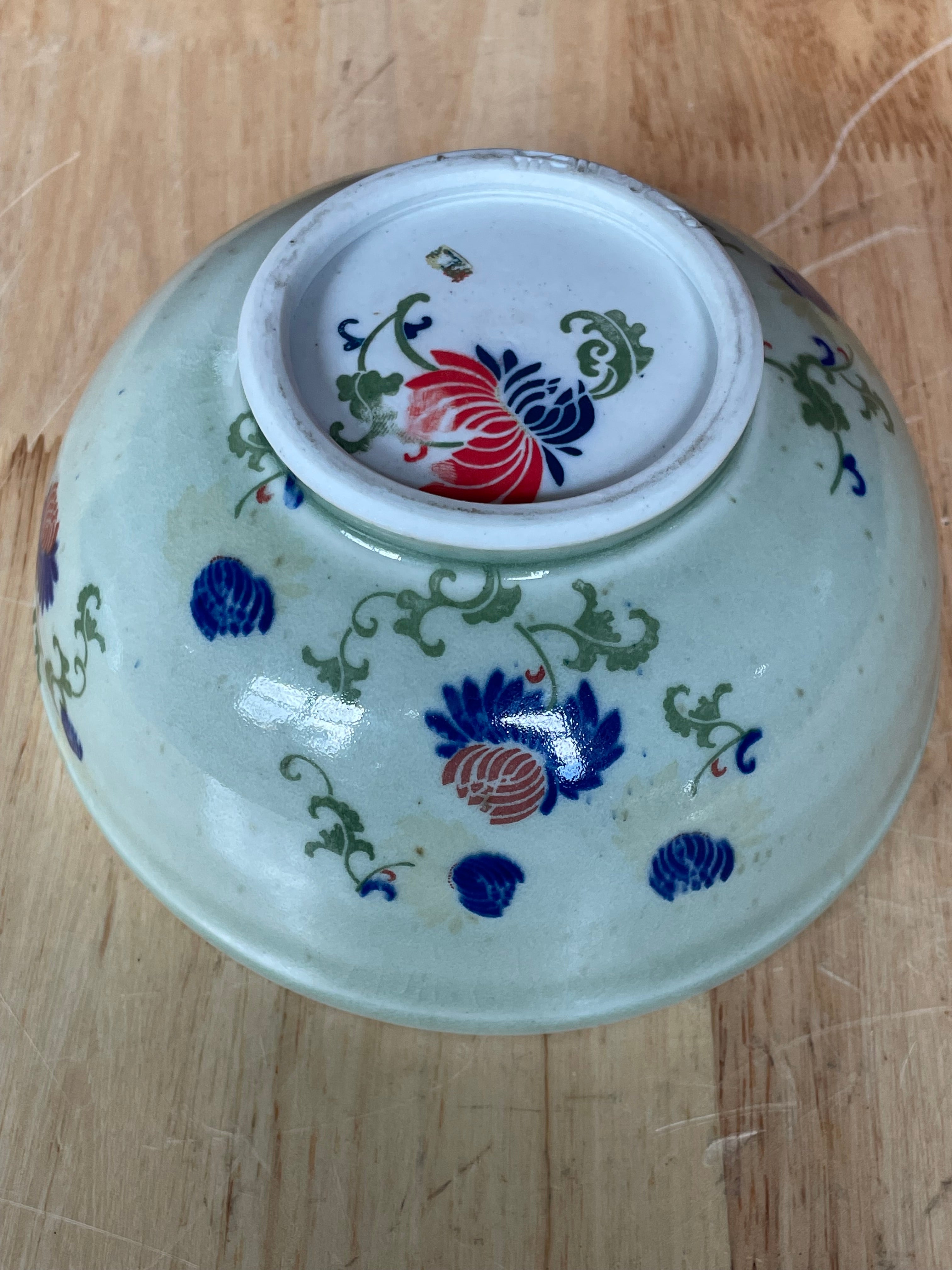 Set of 2 Vintage Korean Studio Art  Handpainted Celadon Footed Bowls Signed by Artist