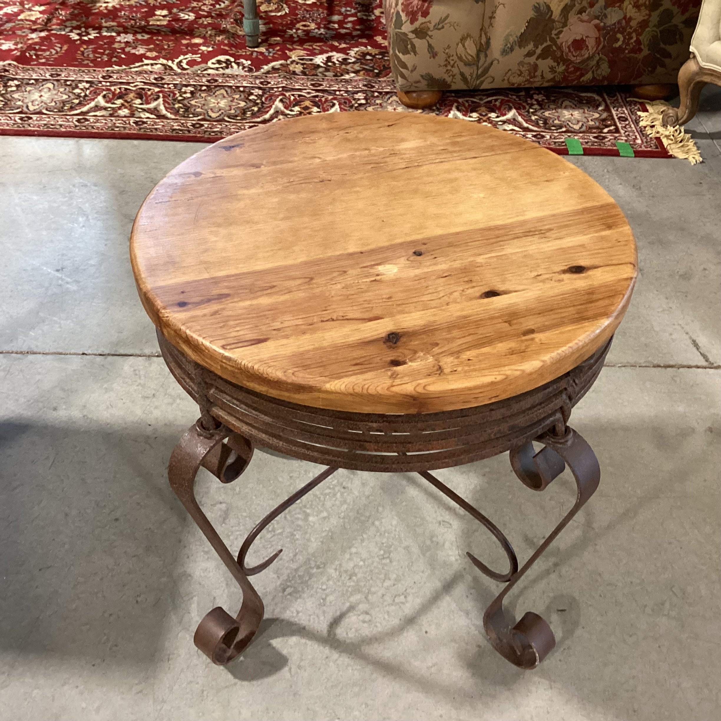 Rustic Wrought Iron & Wood Round End Table 24" Diameter x 22"
