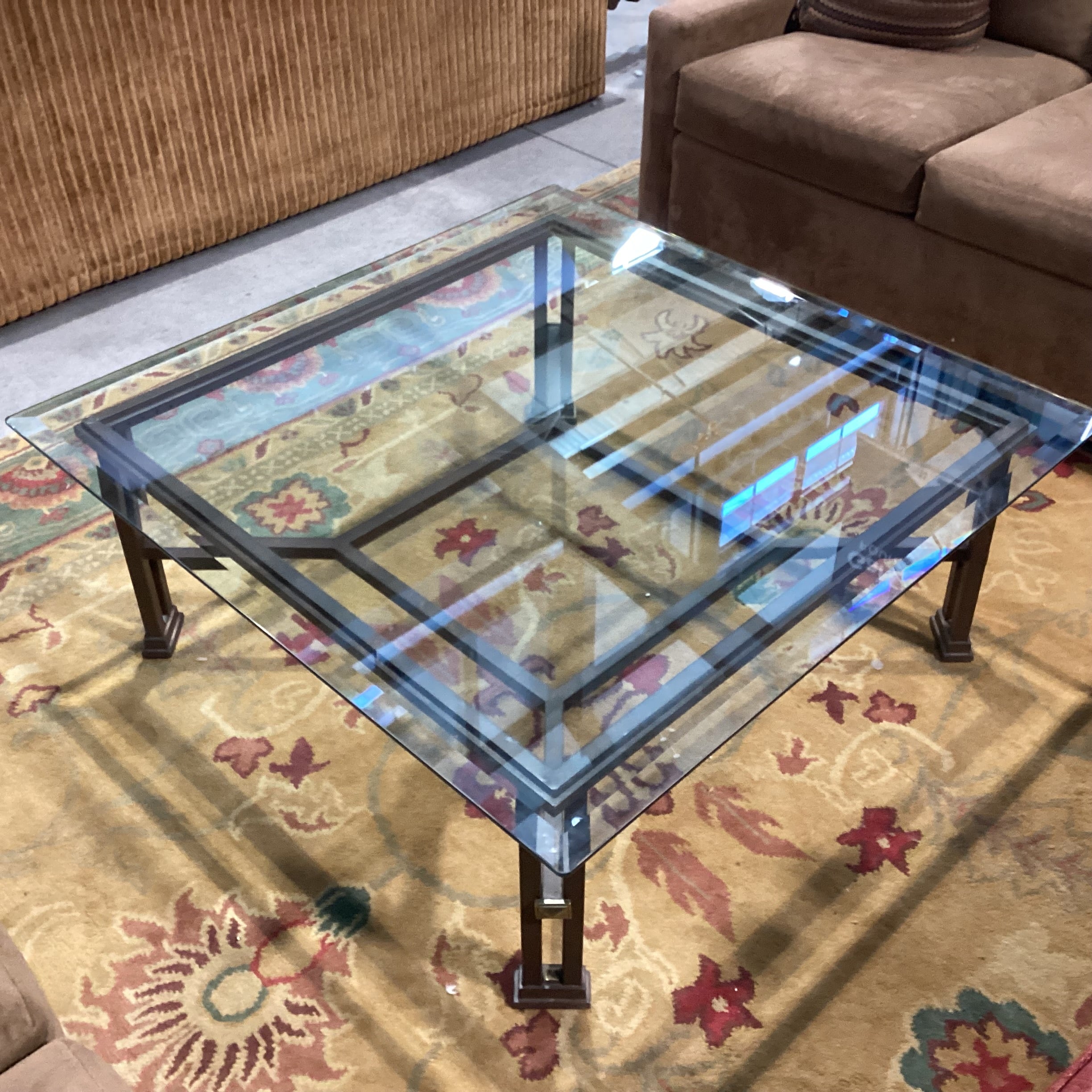 Iron with Bronze & Gold Detail Glass Top Coffee Table 45"x 45"x 17.5"