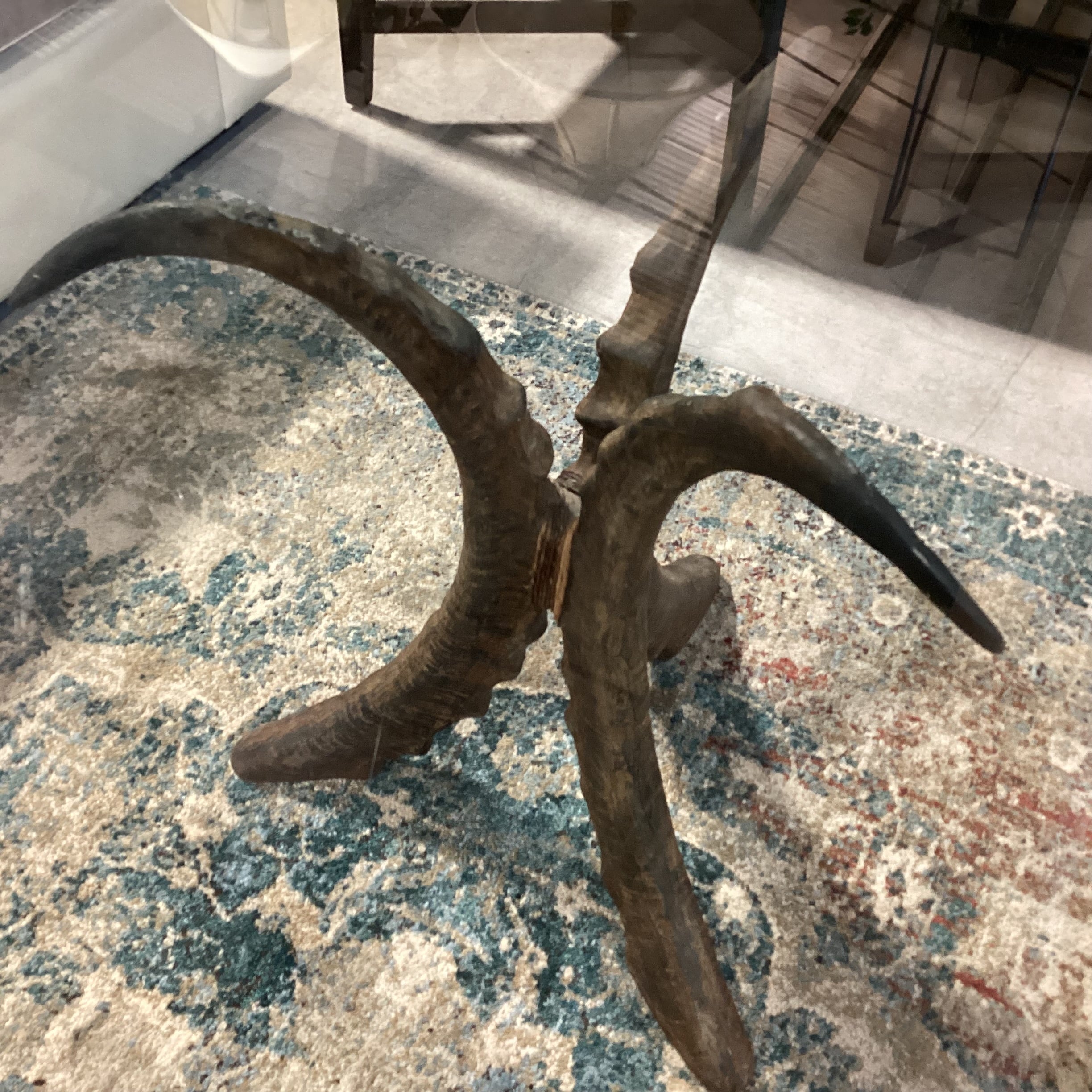Carved Wood Tri Horn Pedestals with Glass Top Coffee Table 72"x 30"x 23"